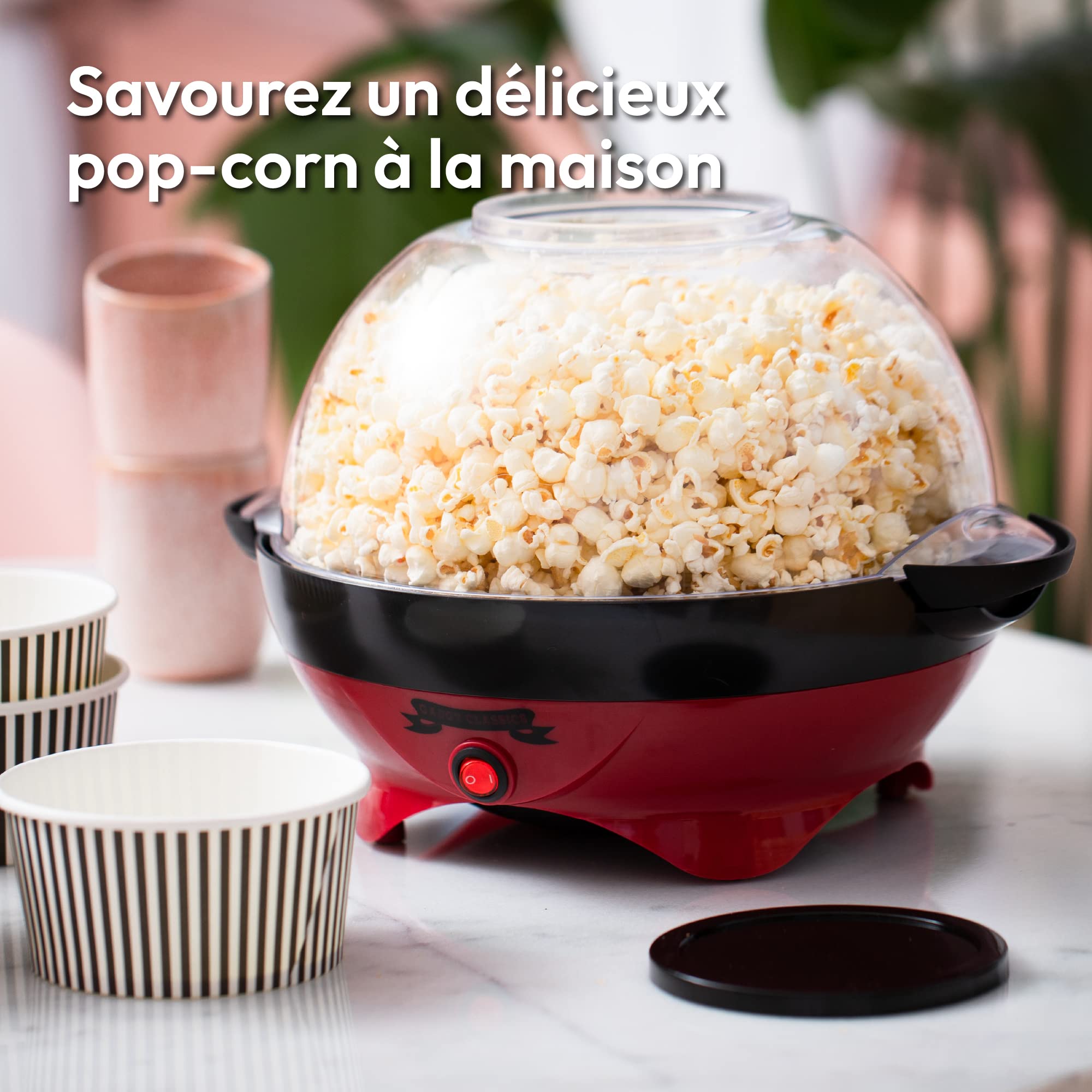 Gadgy Machine à Popcorn Rétro 5 L 800W Antiadhésive Rouge | Prépare jusqu'à 5 L de popcorn en 3 min avec revêtement antiadhésif et plaque chauffante amovible