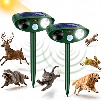 2 Pack Upgraded Sonic Deer Repellent Devices,Solar Ultrasonic Animal Repeller Outdoor for Racoons,Squirrels,Cats,Rabbits &Foxes,Waterproof Flashing Light Motion Sensor Animal Deterrent for Garden Yard