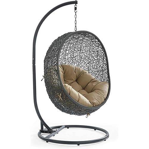 Modway EEI-2273-GRY-MOC Hide Wicker Rattan Outdoor Patio Porch Lounge Egg Swing Chair Set, With Stand, Gray Mocha