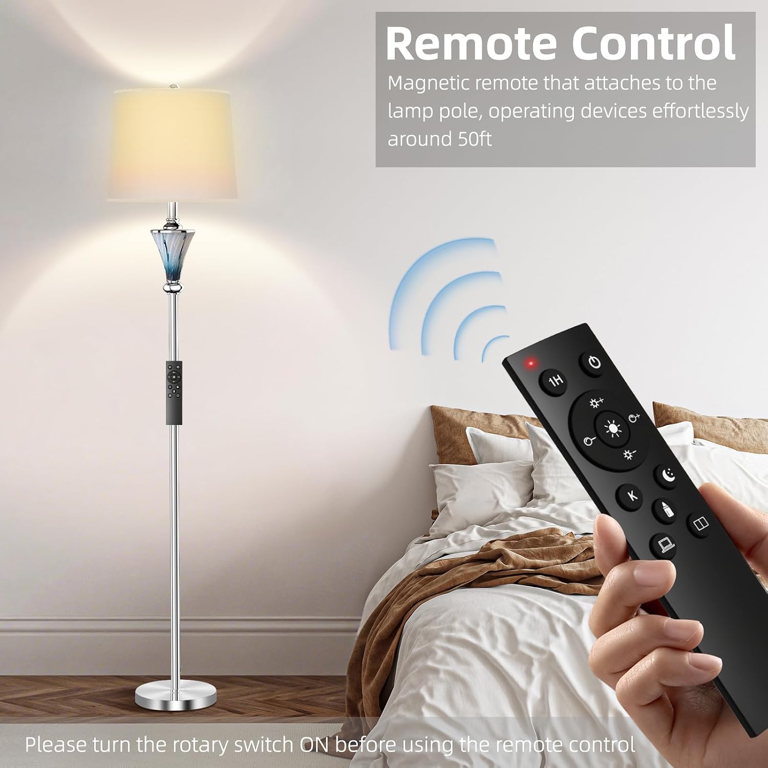 Blue Glass Floor Lamp, Smart Floor Lamps for Living Room, Modern Standing Lamps with Remote Control, Stepless Dimmable Colors Temperature & Brightness, Tall Floor Lamp For Bedroom Office, Home Decor