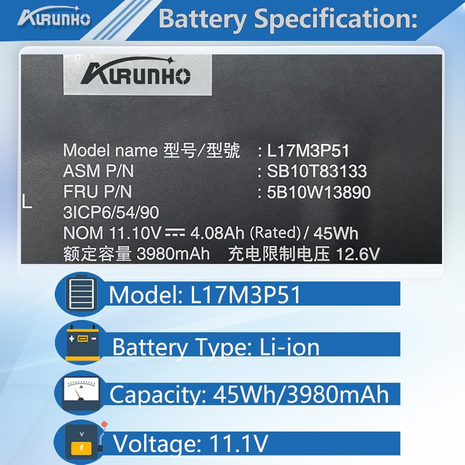 Amazon.com: AURUNHO L17M3P51 Laptop Battery Replacement for Lenovo