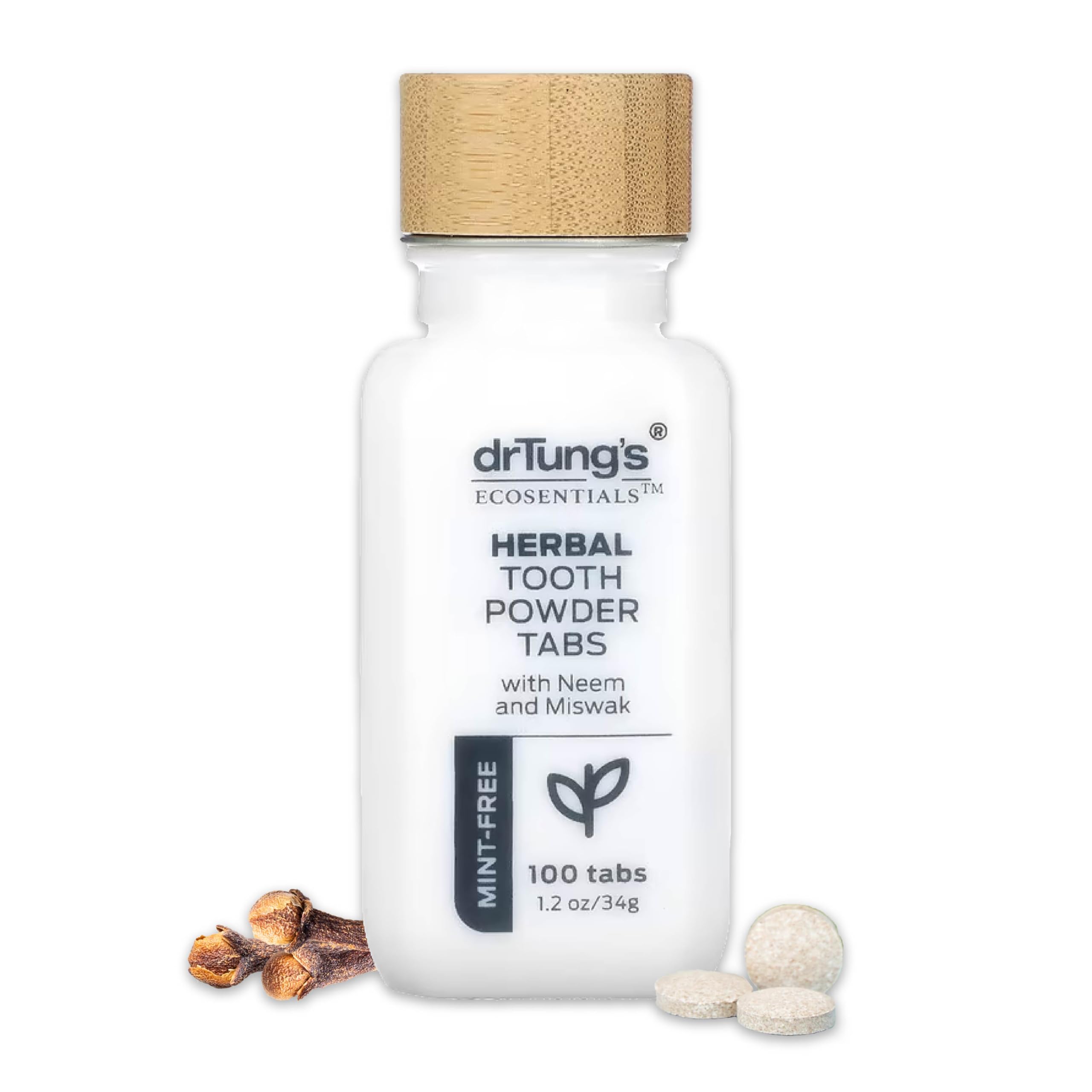 drTung's Herbal Toothpaste Tablets - Toothpaste Tabs for Dry Mouth Relief, Natural Tooth Powder Tablets for Fresh Breath, Fluoride Free, Travel Size, Vegan, Non-GMO - Mint-Free (100 Tabs)