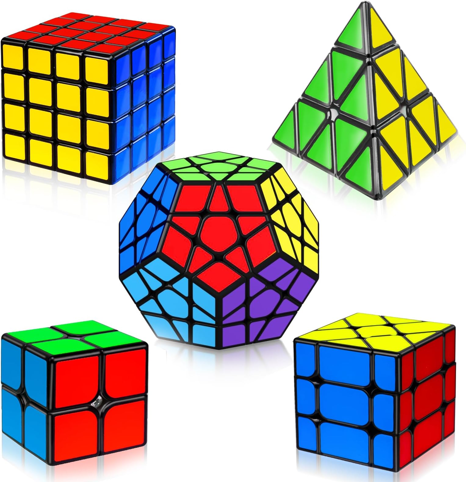 AuntyFey 5 Pack Magic Speed Cube Set - 2x2, 3x3, 4x4, Triangle Megaminx Speed Cubes for Kids & Adults
