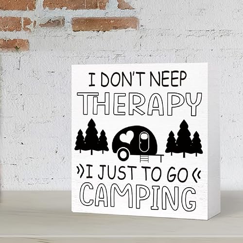 Miniatura 6 de Decoración de campamento divertido letrero rústico en blanco y negro con texto en inglés "I Don't Therapy I Just to Go Camping Bloque de madera para