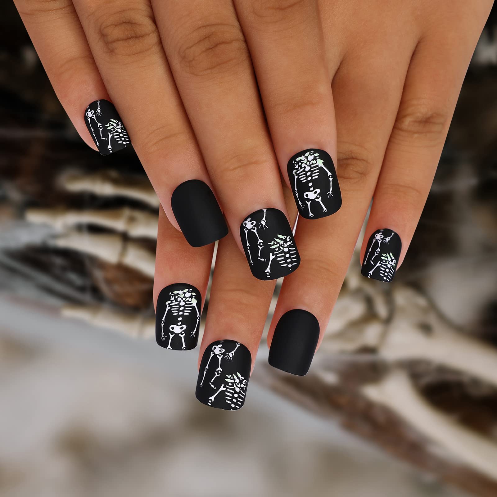 Amazon.com: Artquee 24pcs Halloween Press on Nails Black Matte Short Square  Shape Fake Nail Art White Skeleton Designs Artificial False Nails Acrylic  Stick On Nails Tips for Women and Girls : Beauty