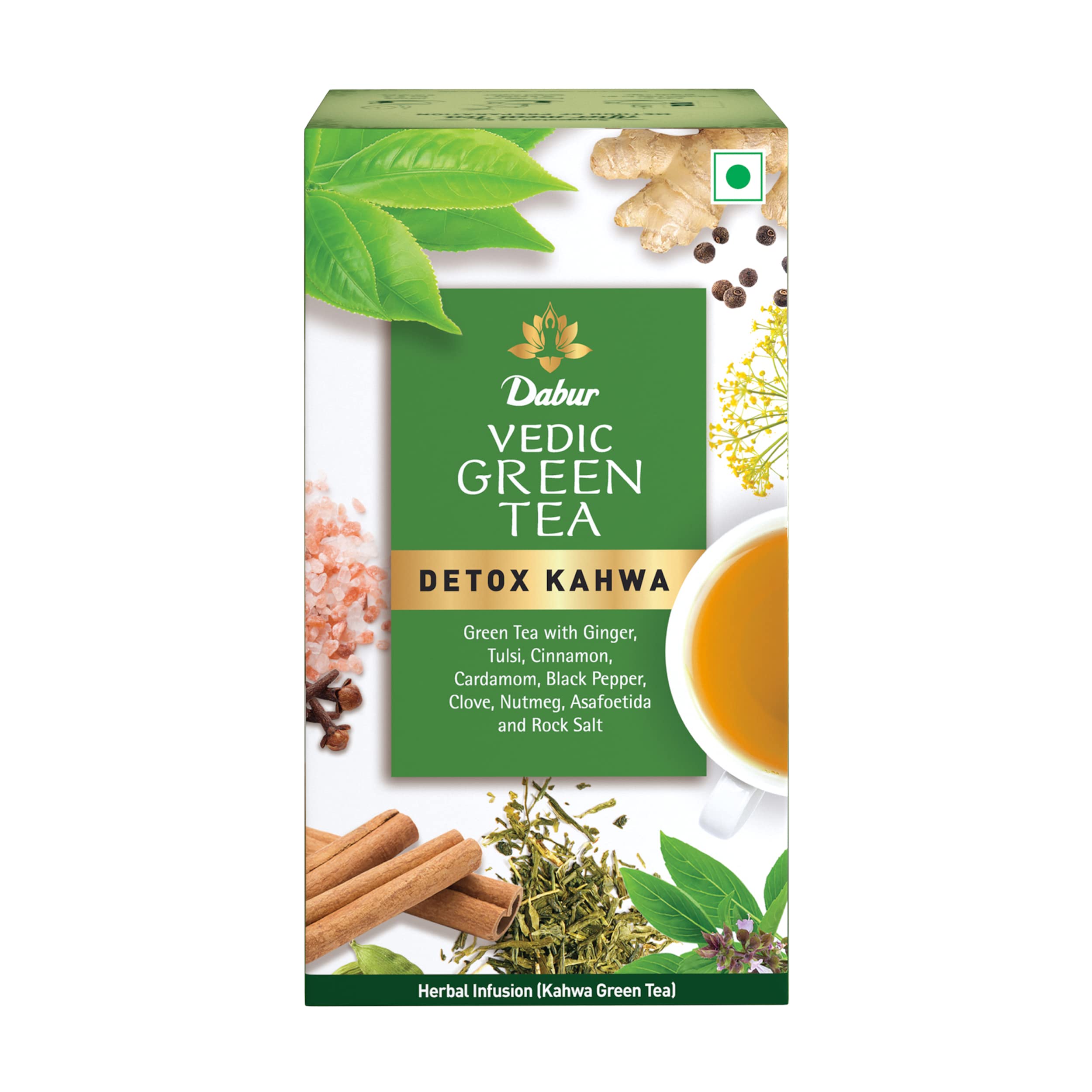 DABUR Vedic Detox Kahwa Green Tea - 25 Teabags | Blend Of 8 Real Ayurvedic Herbs & Rock Salt | Helps In Detoxification | Improves Digestion | Ideal After Meal Beverage, 62.5 Grams