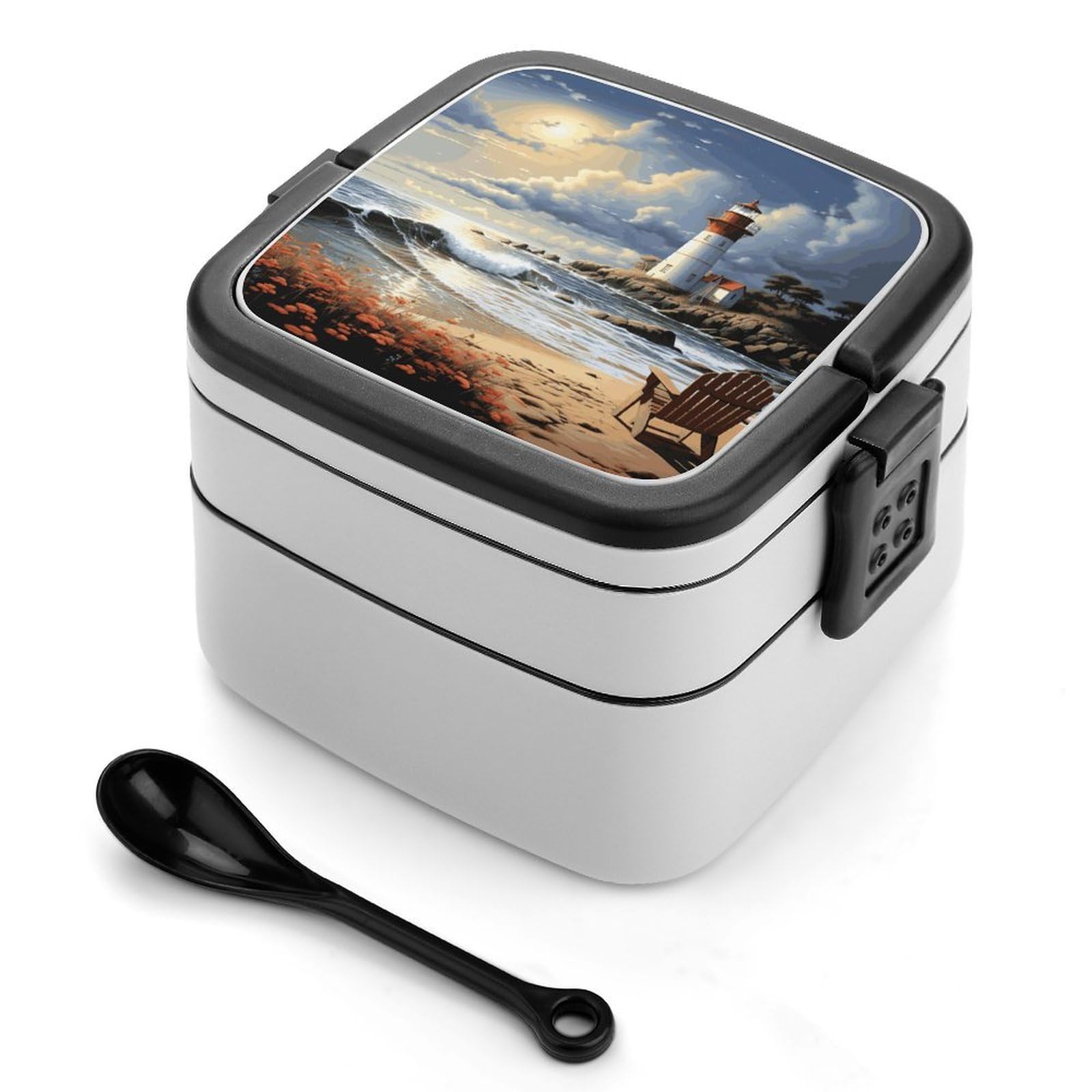 FekiLoot Sea Lighthouse Sandbeach Bento Box Adult Lunch Box Sealed Bento Lunch Boxes with Spoon Sturdy Double Layer Bento Boxes Snap-on Design Leak Proof Lunch Containers Ideal for Work