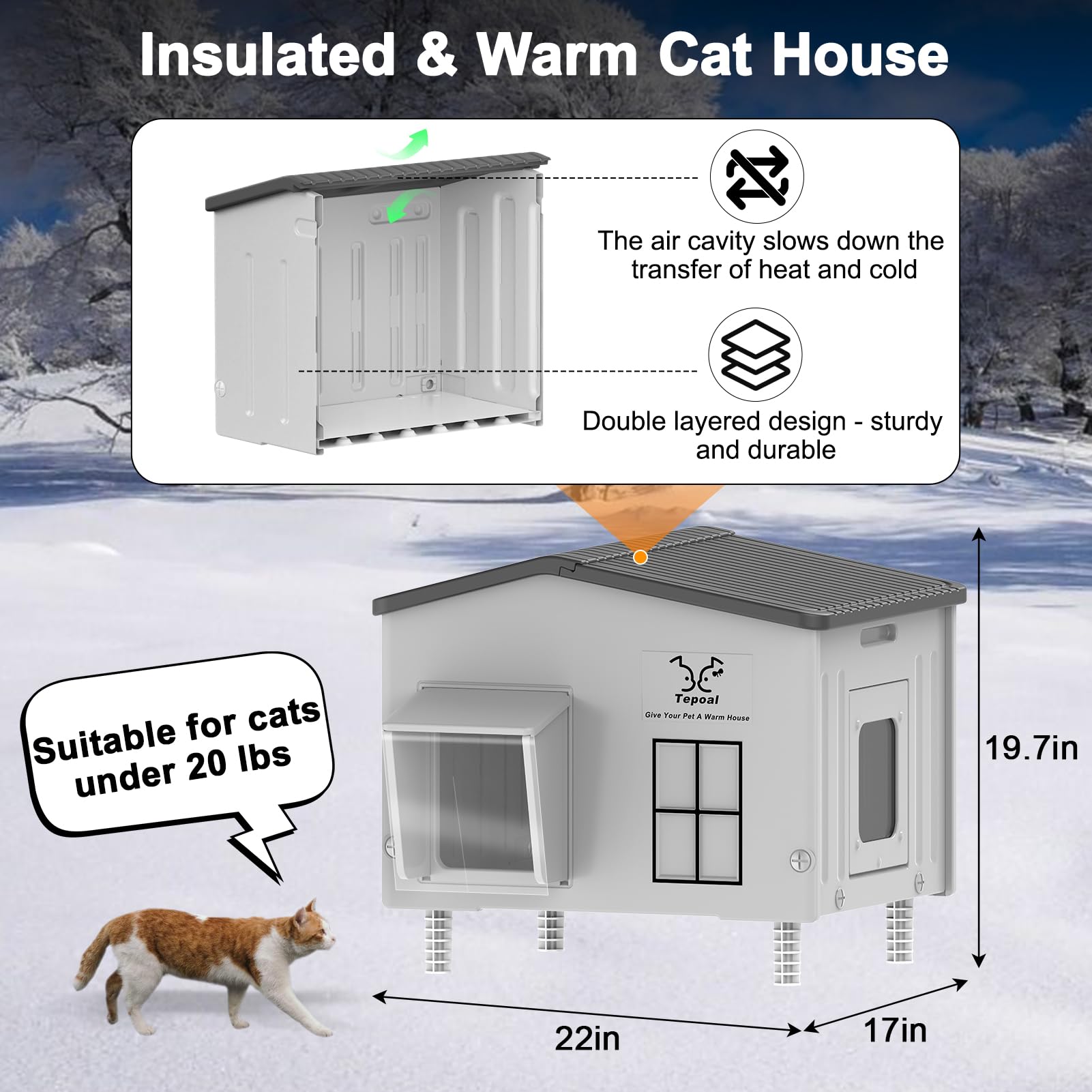 Casa Grande Indestructible para Gatos con calefacción para Exteriores, Extremadamente Impermeable y Resistente a la Intemperie, casa para Gatos al Aire Libre con calefacción para Invierno, Refugio