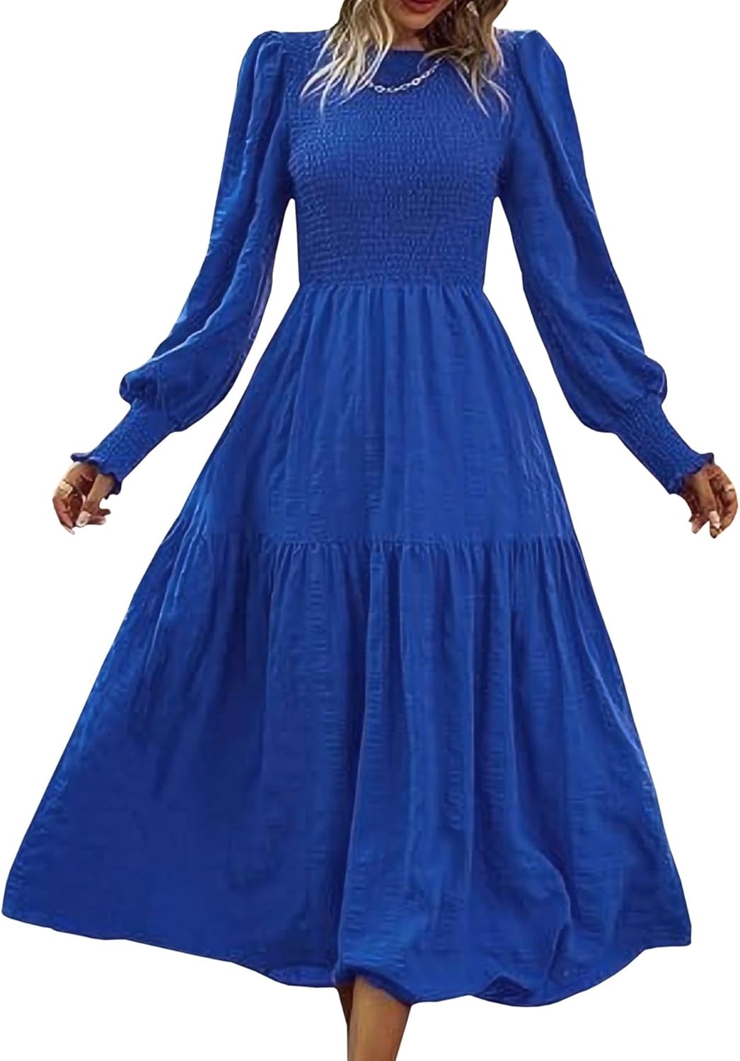 Sexyshine Women's Puff Long Sleeve Smocked Tiered Long Dress Crewneck High Waist A Line Holiday Party Flowy Dresses