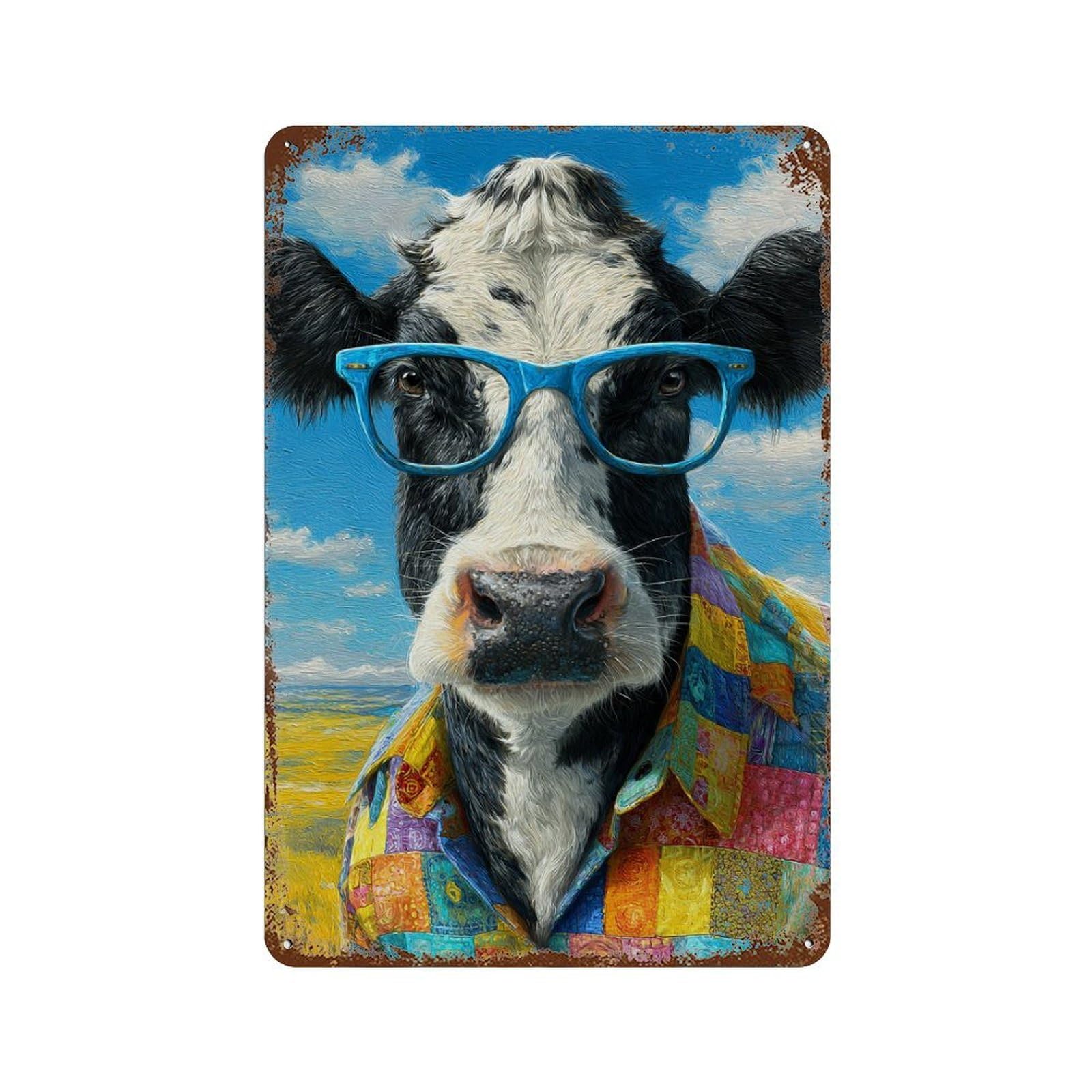 Cow in Glasses Shirt Painting-1 Rusty Metal Tin Sign 11.8"x7.9", for Pub, Kitchen And Man Cave Decor, Farmhouse Wall Decor