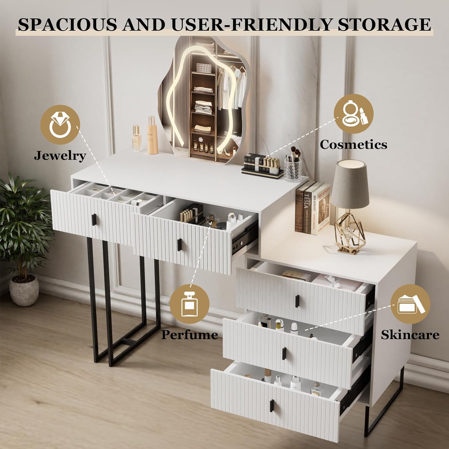 Dancongtea White Vanity Desk with 3-Color Touch Screen Lighted Mirror, 5 Drawers, Makeup Vanity Table Set with LightsDressing Table for Women Girls