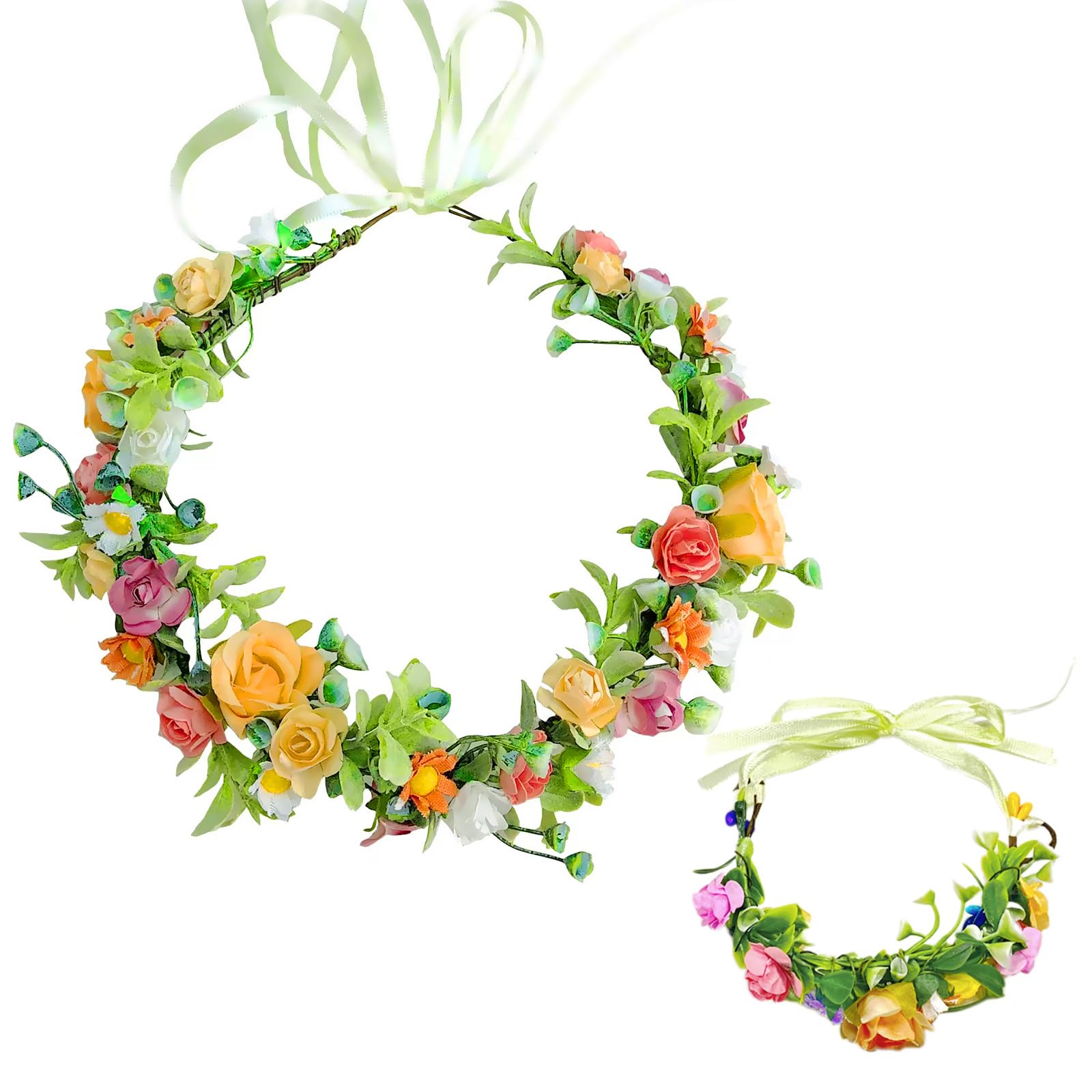 SAIIURV Rose Flower Crown Headband with Floral Wrist Wedding Bridal Headpiece Flower Headbands for Women,Hair Accessories for Wedding Festival Hawaiian Party Beach (2 Pcs