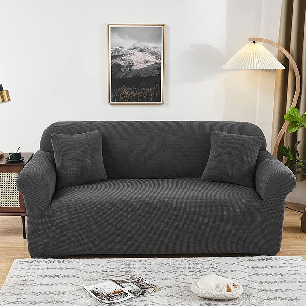 Housse de canapé imperméable 2 places gris anthracite en jacquard extensible