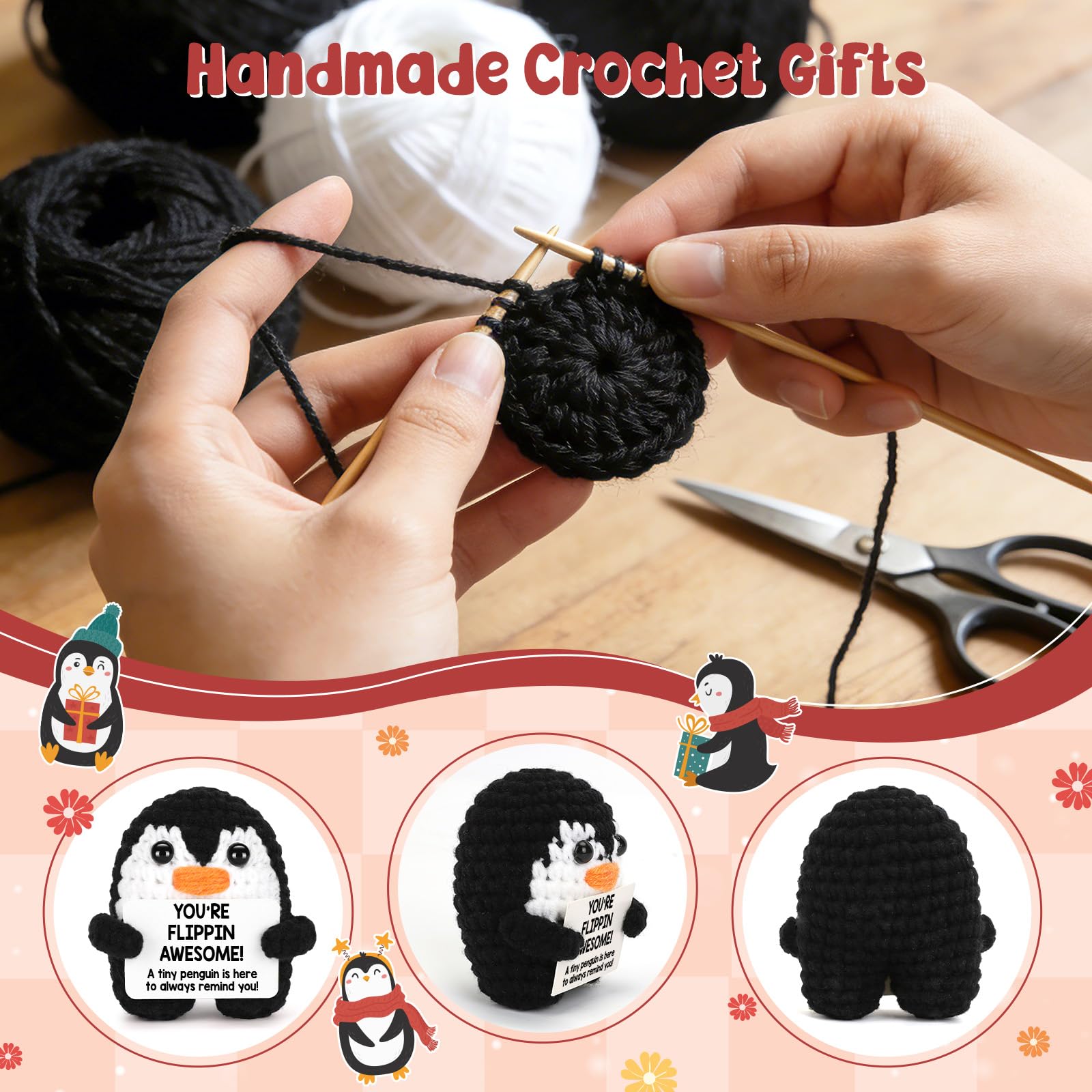 Mini Positive Crochet Penguin Birthday Gifts for Women, Funny Mothers Day Graduation Brithday Gifts for Women Men Boys Girls, Inspirational Appreciation Gifts for Adult Kid Teen Coworker Friend Decor