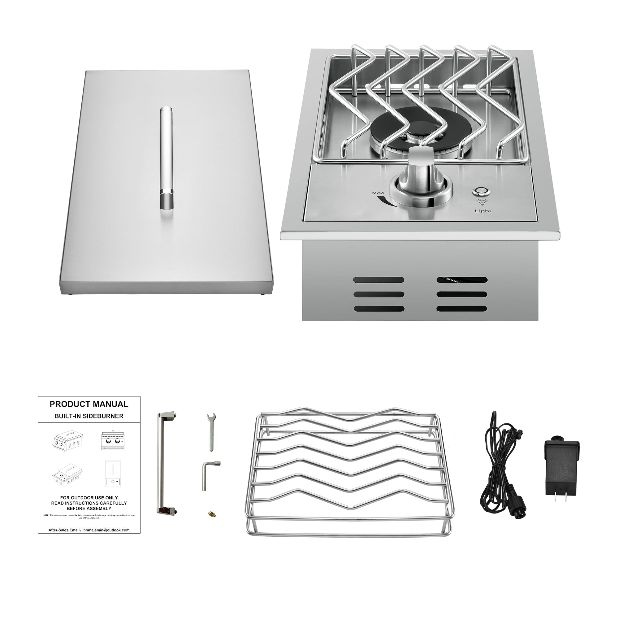Bruciatore laterale singolo per griglia esterna, bruciatore laterale a gas naturale da 15.000 BTU, robusto acciaio inossidabile 304, con kit propano liquido, bruciatore laterale a goccia per cucina