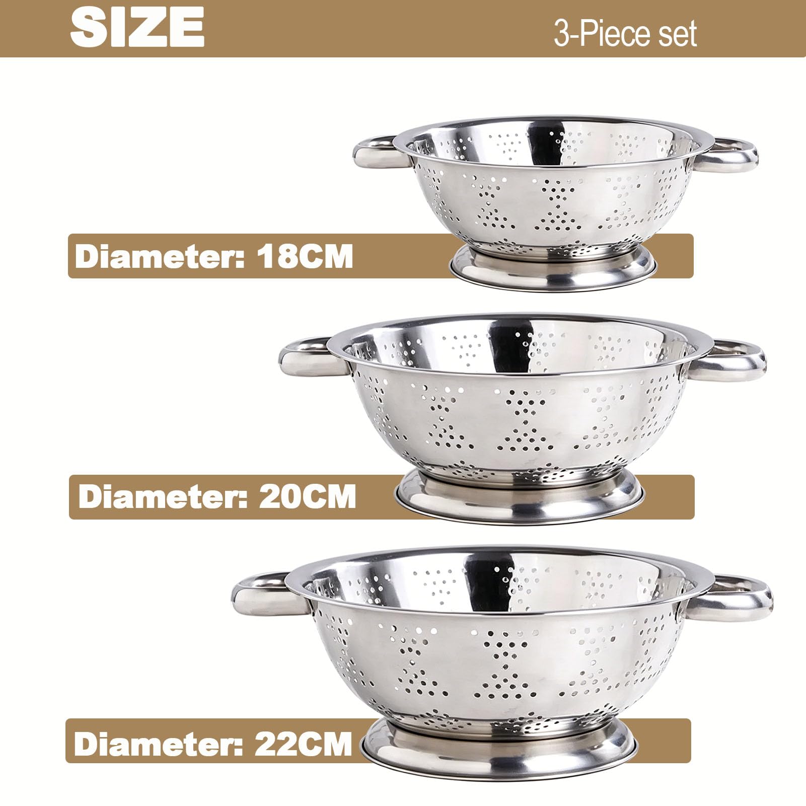 Passoire Double Anse en Acier Inoxydable Lot de 3, Tamis de Cuisine de cuisine avec poignées et pied Pour laver et égoutter les fruits, les légumes (18, 20, 22 cm)