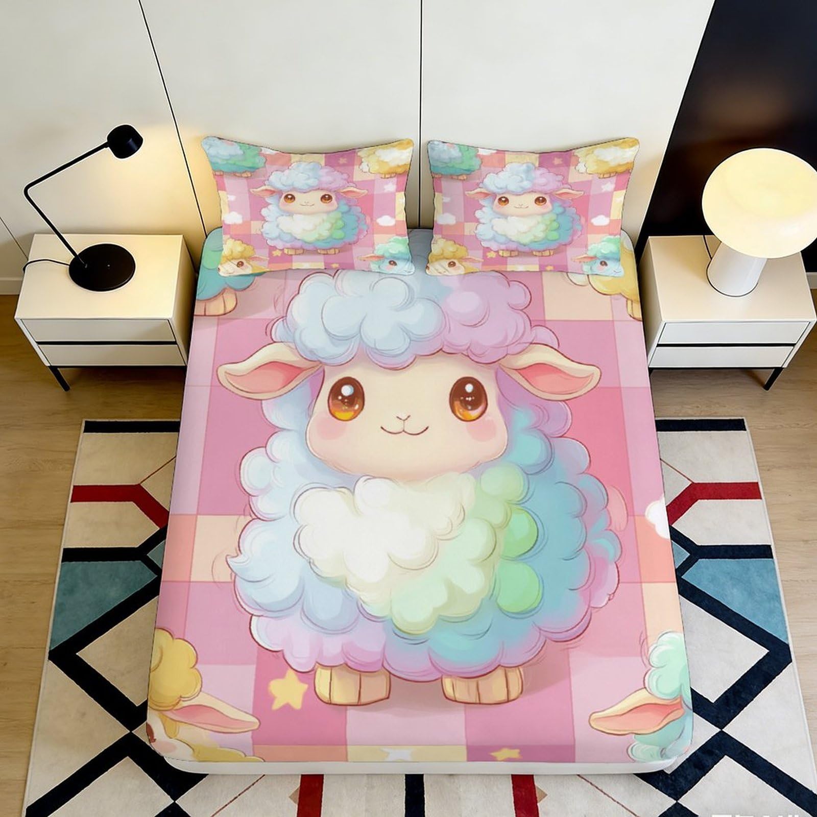 3D Printed Pastel Sheep Cartoon Fitted Sheet Microfiber Anti-Slip Rainbow Lamb Bed Cover for Bedroom Dorm Mattress Decor 200x200x25cm