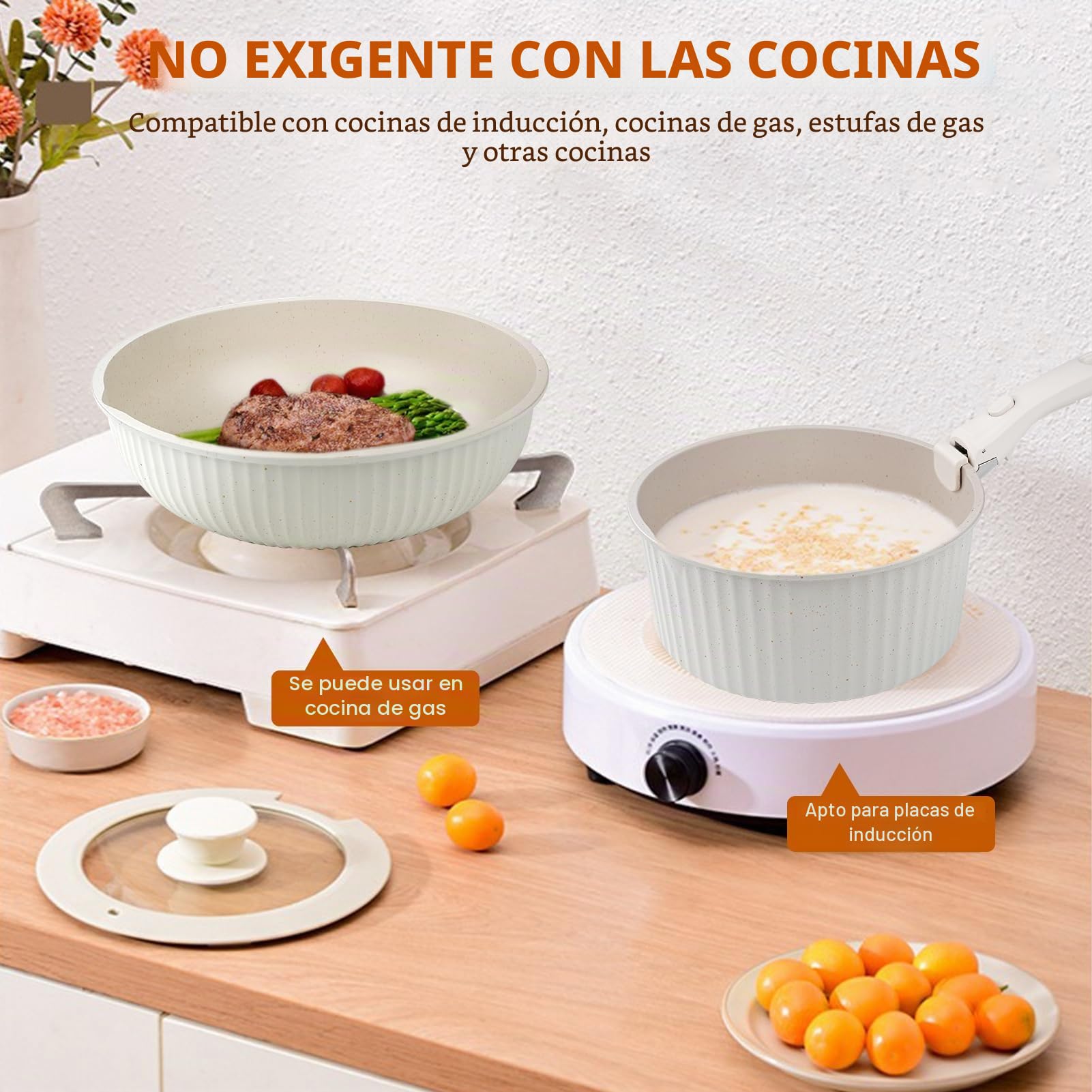 Juego de sartenes mango extraíble, 3 pcs sartenes cerámica sin tóxicos, revestimiento de piedra de trigo, aptos para inducción y horno, diseño apilable (blanco)