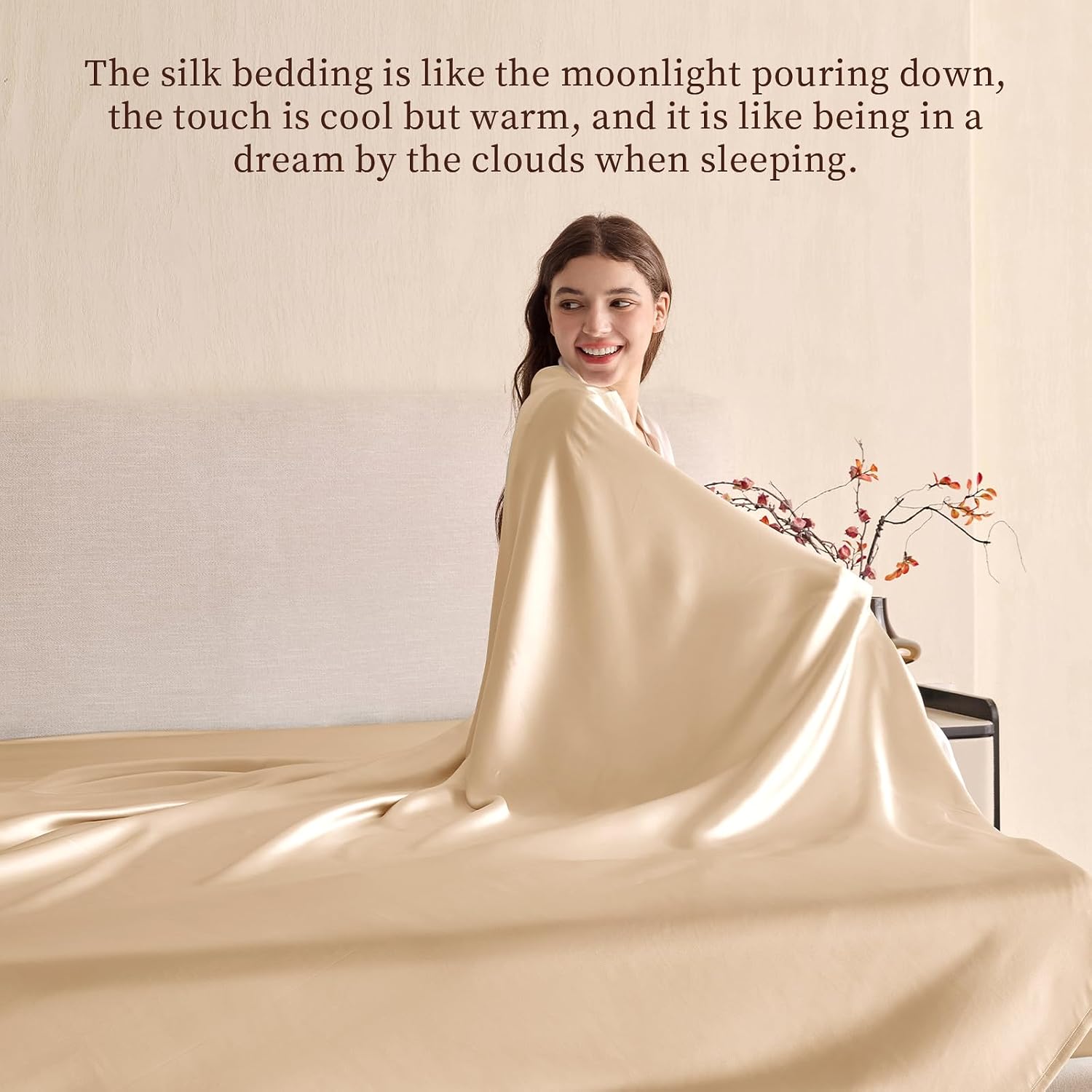 THXSILK Silk Flat Sheet 6A+ Top 100% Pure Mulberry Silk Bed Sheet Luxury Ultra Soft Breathable Cooling Lightweight Bedding Durable Safe Material, 1 Flat Sheet Only (Champagne, Queen)