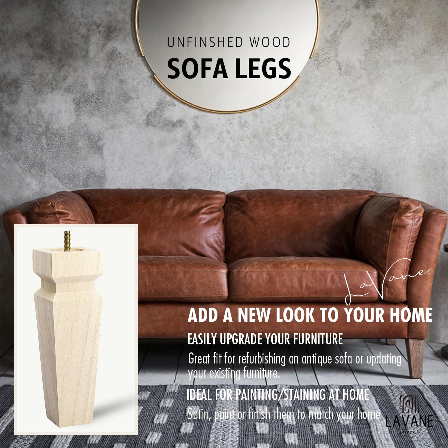 La Vane 8 inch Solid Wood Furniture Legs with Mounting Plates - Set of 4, Mid-Century Modern Pyramid Tapered Legs for Sofa, Chair, Ottoman, Table - Walnut Replacement Feet