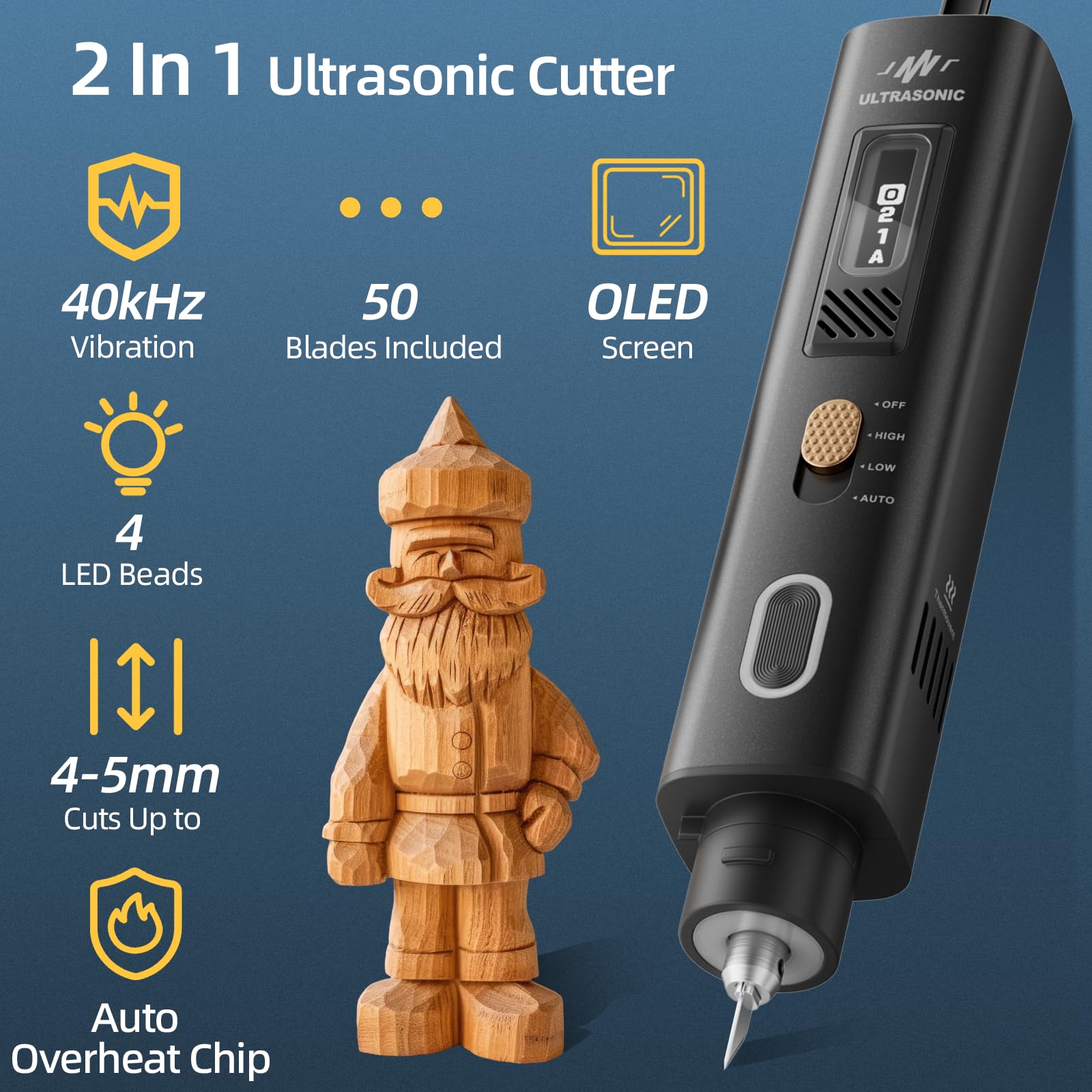 Zestaw ultradźwiękowych noży 40 kHz, nóż ultradźwiękowy z wyświetlaczem OLED, 50 ostrzy i torbą do przechowywania, elektryczny nóż do druku 3D, tworzywo sztuczne, akryl, skóra, drewno i karton