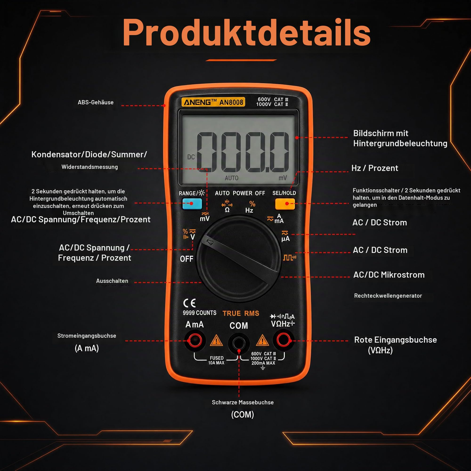 AN8008 Digital Multimeter mit 9999 Zählungen, Mit Großes LCD-Anzeige und faltbar Ständer, Strommessgerät Voltmeter, Misst genau Spannung Strom Widerstand Diode Durchgang