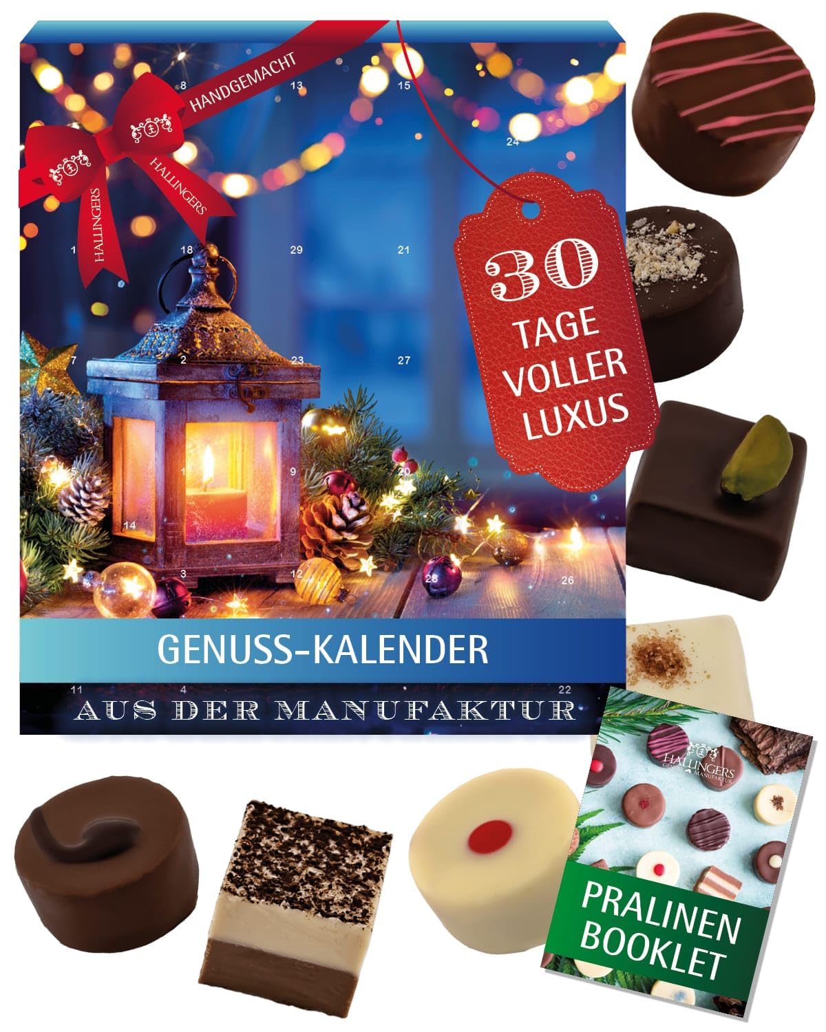 Hallingers Genuss Manufaktur Pralinen Adventskalender - ohne Alkohol, handmade aus Confiserie-Edelkakao in wertigem Softfeel-XLKarton "Weihnachtsfreud...", Weihnachtskalender für Frauen Männer
