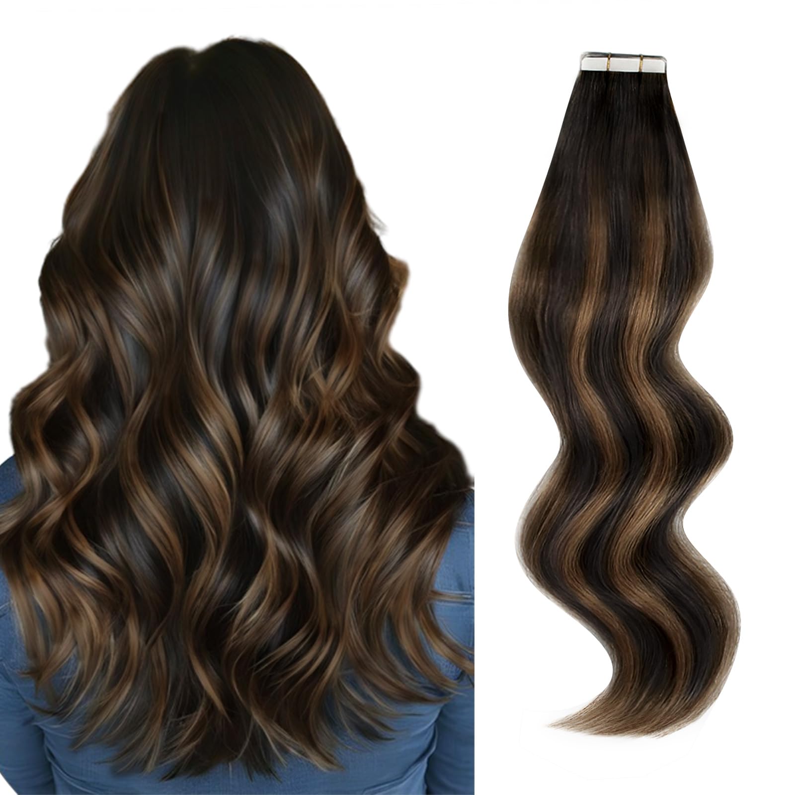 ABH AMAZINGBEAUTY HAIR Tape in Hair Extensions Real Human Hair Rooted Darkest Brown Highlighted Chestnut Brown Tape in Human Hair 14 Inch #P2-6-2 50g 20pcs