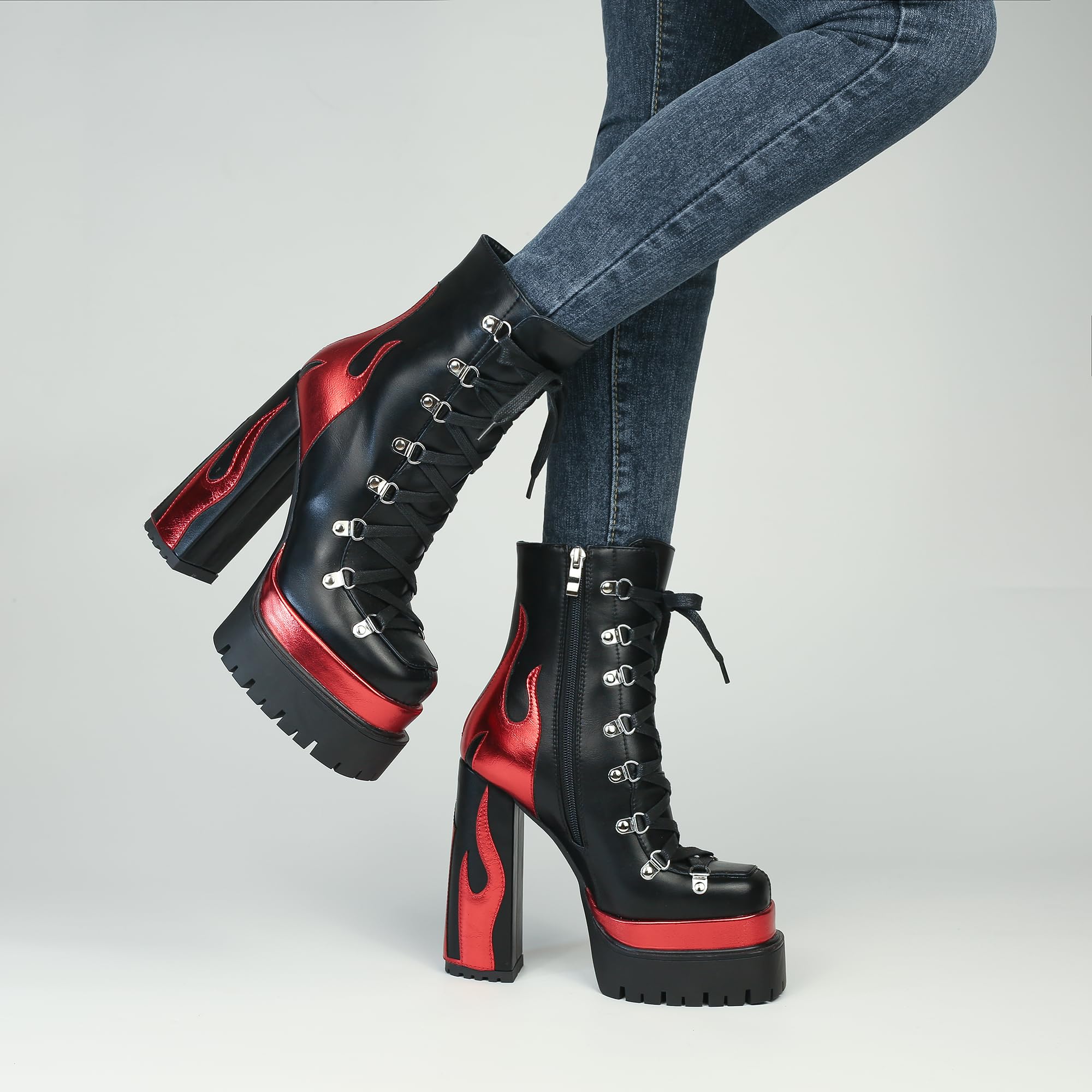 HiColor women’s silver flames printing high-heeled thick-heeled round-headed lace-up boots side zipper shoes: 7 Black-red