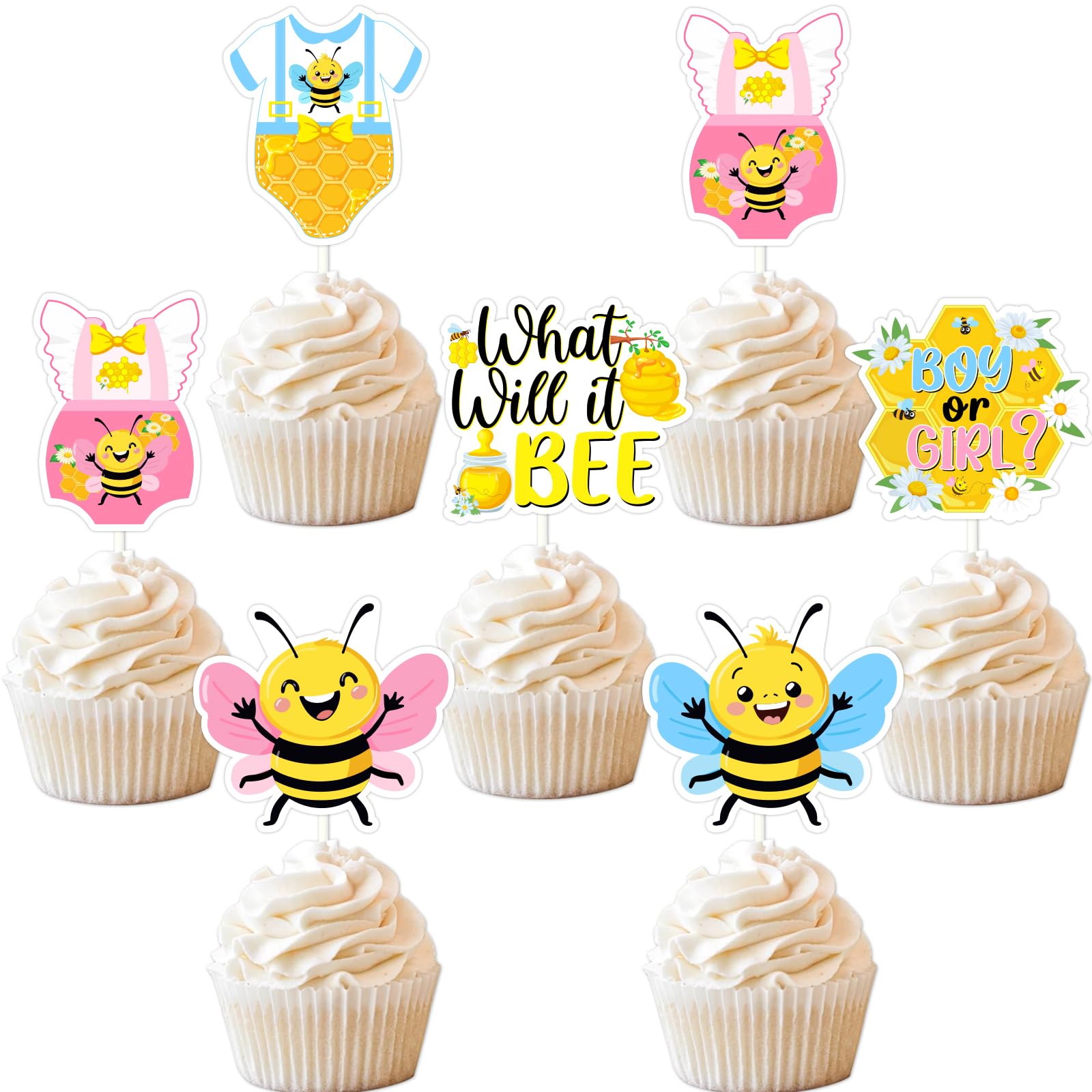Funmemoir Bee-Themed Gender Reveal Cupcake Toppers - 36pcs Double-Sided Honey Bee Decorations for Baby Shower, What Will It Bee Party Supplies, Bumble