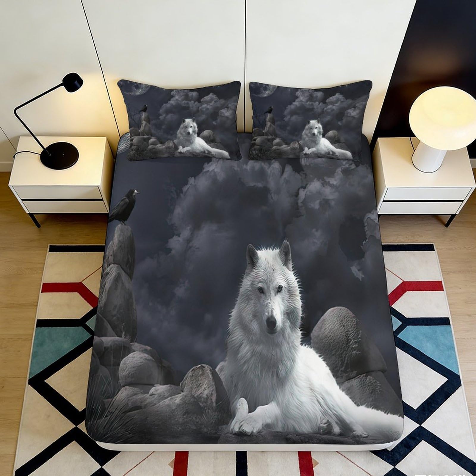 Elegant wolf motif 3D Printed Fitted Sheet, Microfiber soft touch, stylish home decor, guest room bedding, easy care 120x200x25cm