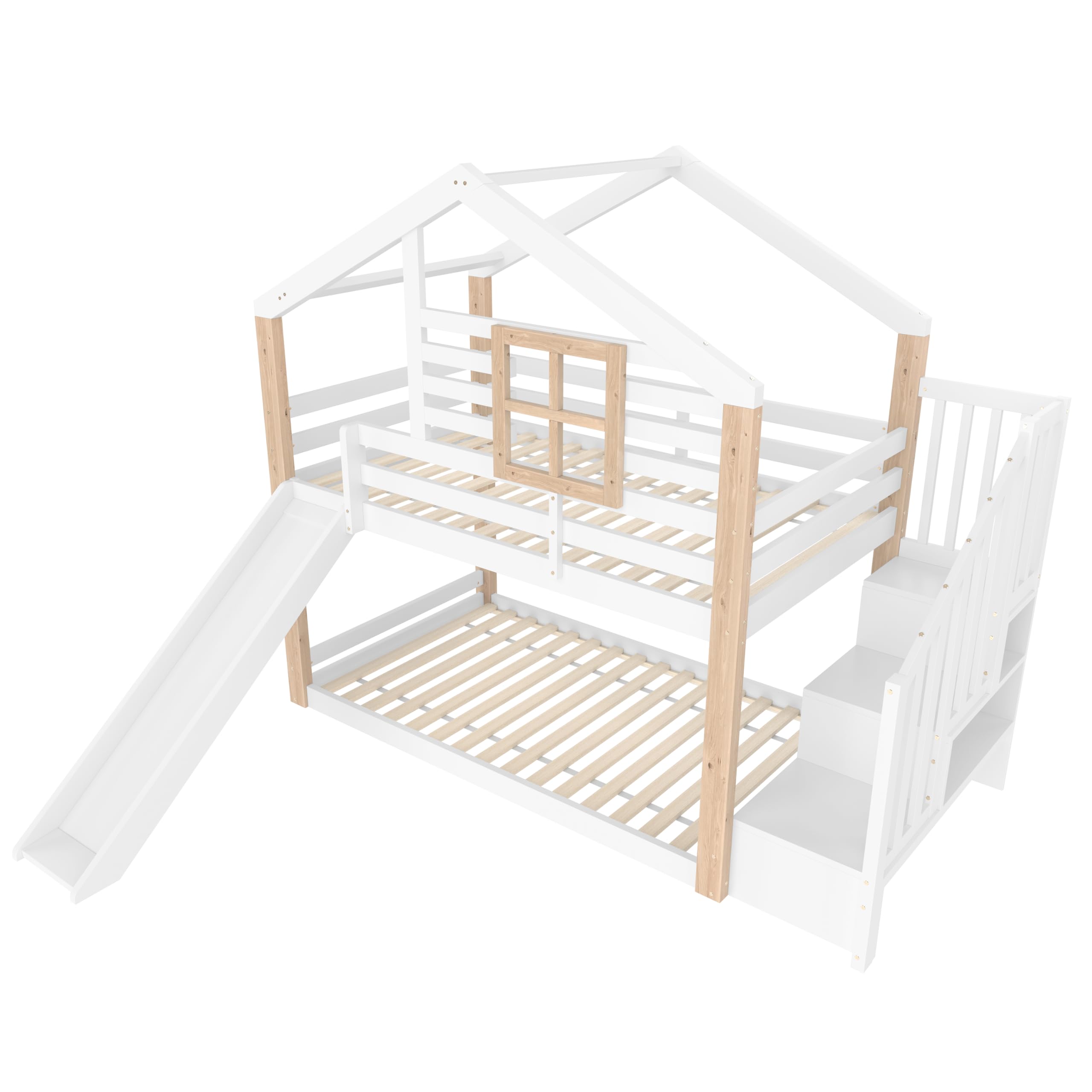 Etagenbett mit Rutsche und Stauraum Treppe, Kinderbett Hausbett mit Lattenrost & Geländer, Stockbett Holzbett Hochbett, für Jungen, Mädchen, Ohne Matratze