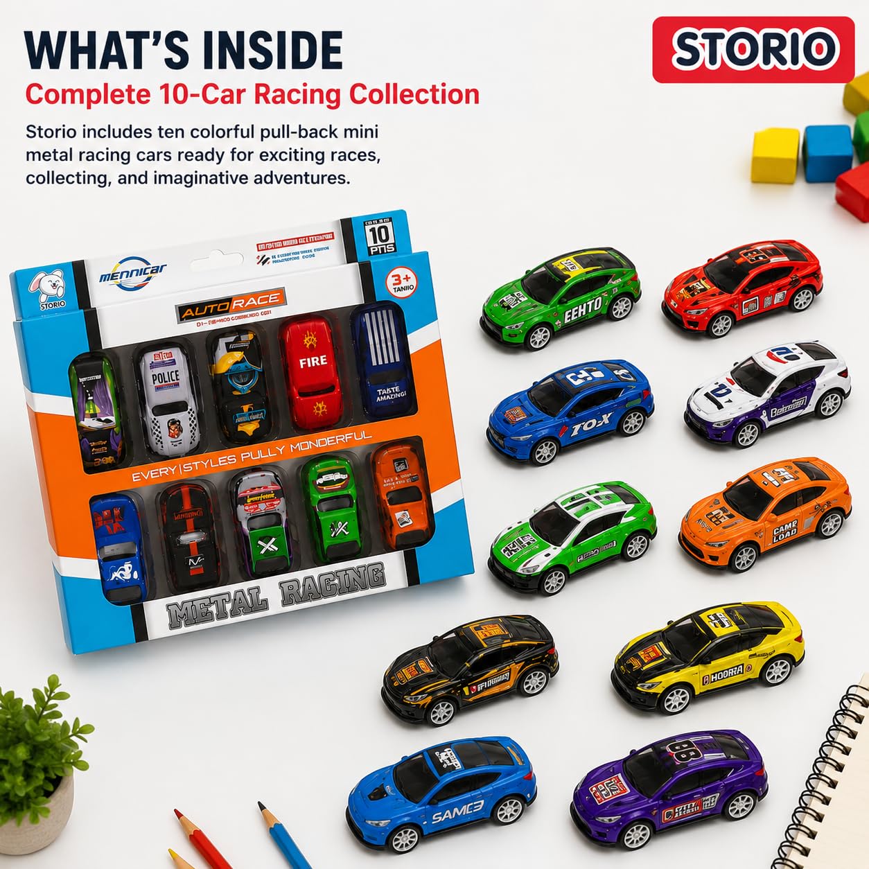 Storio Pack of 10 Racing Mini Metal Cars Set for Kids | Pull Back Vehicles | Khilona Car Toy Set for Boys | Birthday Gift, Return Gift, Diwali Toys (Racing Cars), Assorted — Amazon image 7