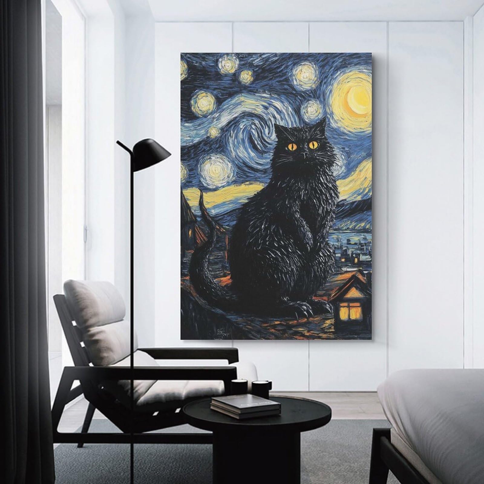 Junmoney Unframe-Style-19 Starry Night Cat Hanging Wall Art, 20X30inch(50X75cm), For Bedroom Decor, Cosy Corners Or Studios, An Easy Wall Refresh For Bedrooms