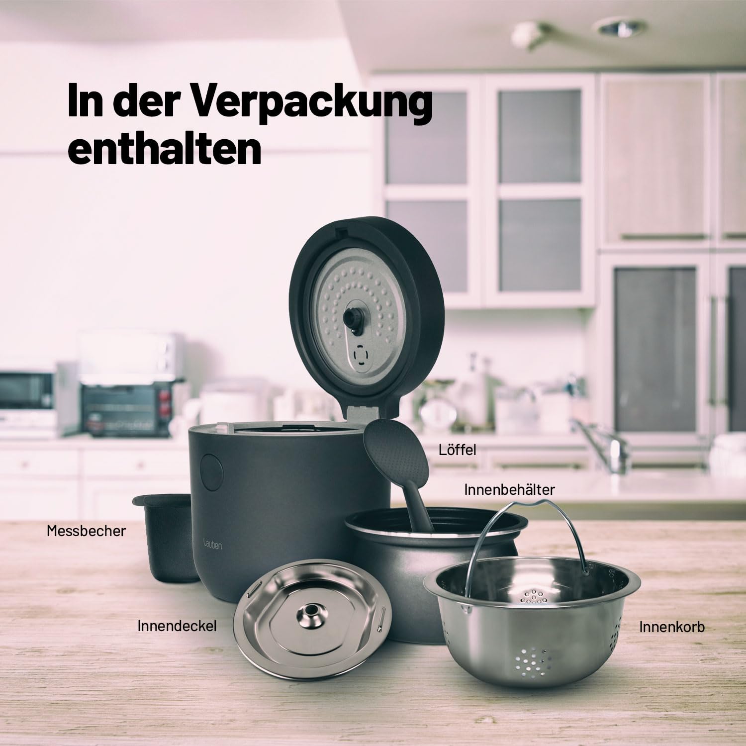 Lauben Low Sugar Reiskocher Rice Cooker mit Low-Sugar-Funktion, Fassungsvermögen 1,5l, verzögerter Start, Warmhalten, Innenbehälter spülmaschinengeeignet, Antihaftbeschichtung (Antracit)