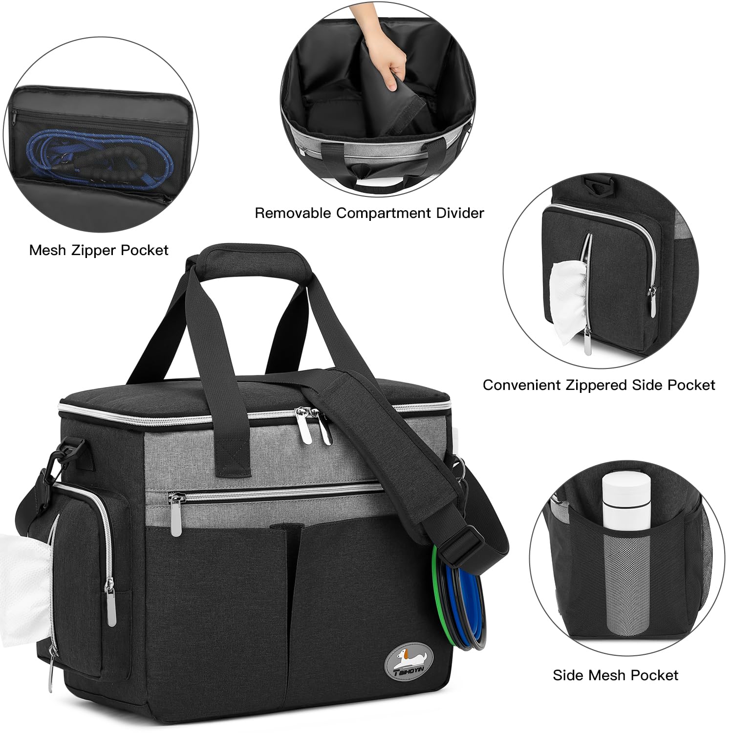 Bolsa de Viaje para Perros Portátil Kit Completo de Accesorios (7 Piezas) con 2 Bolsas para Comida +2 Cuencos Plegables + Alfombrilla +1 Bolsa de Golosinaspara para Uso en Exteriores, Negro