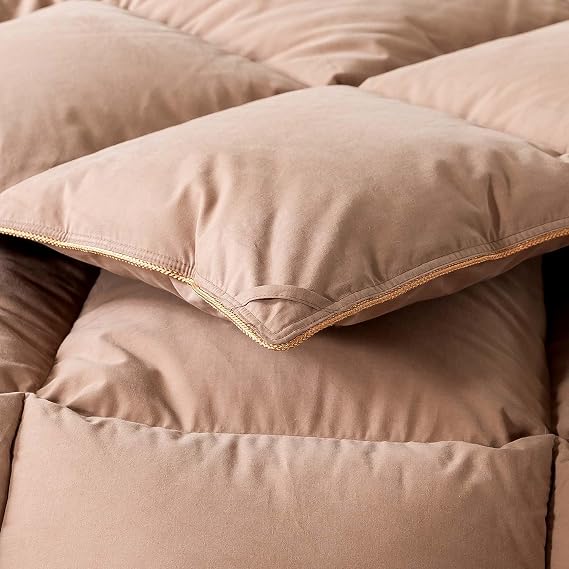 WhatsBedding Feather Down Fiber Comforter Full Size, 100% Cotton Duvet Insert for All Season, Hotel Collection, 8 Corner Loops, 82x86In, Gold Piping