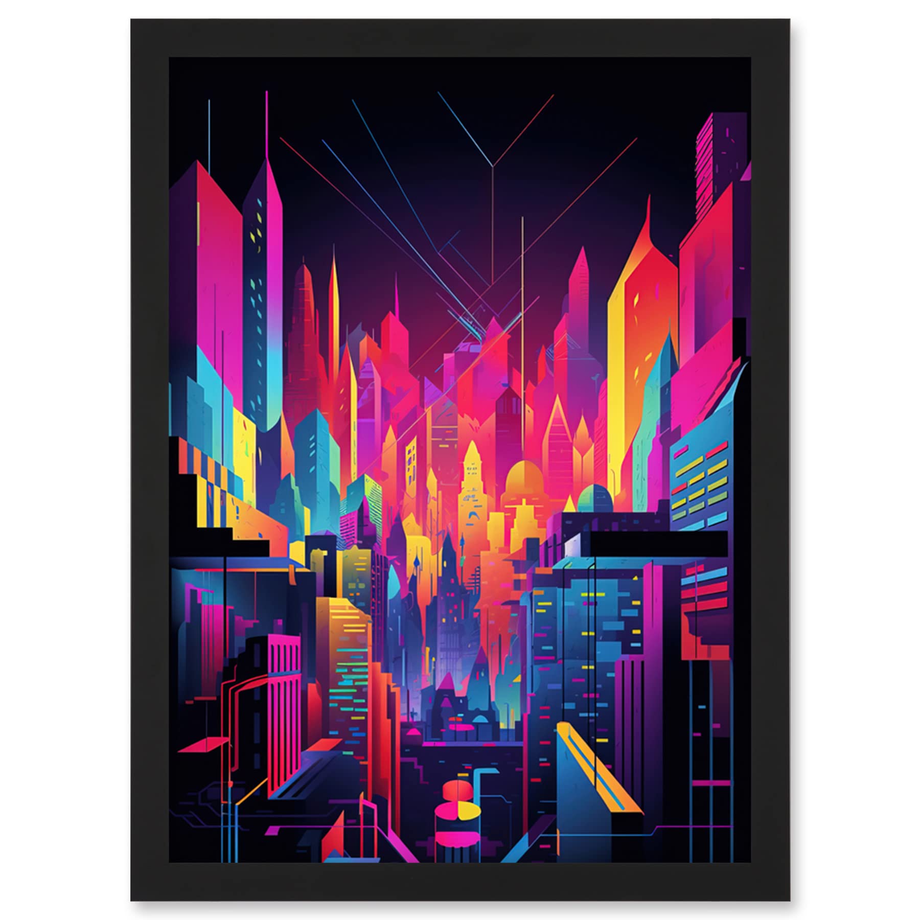 Abstract Metropolis Cityscape Neon Light Art Print Framed Wall Art A4 - Artery8