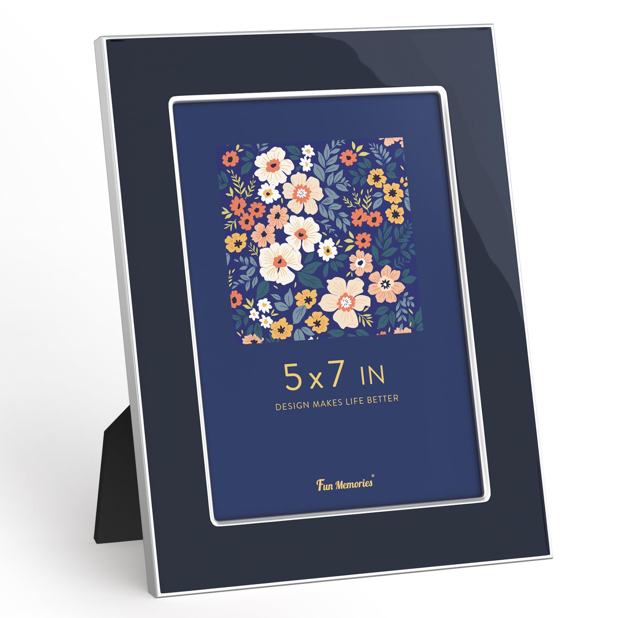 Fun Memories 5x7 Picture Frame - 1pcs Navy Blue Enamel Glass Photo Frame with Silver Metal Edge & Easel for Display Picture Frame on Countertops,
