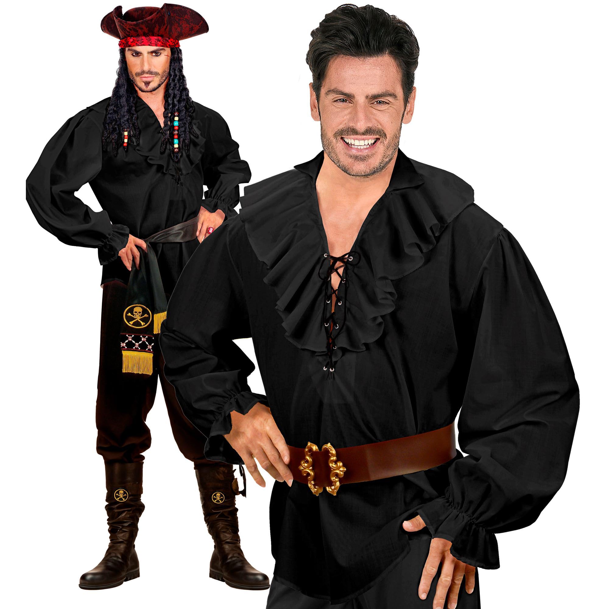 Pirate Shirt Mens - Black Costume for Buccaneer Fancy Dress