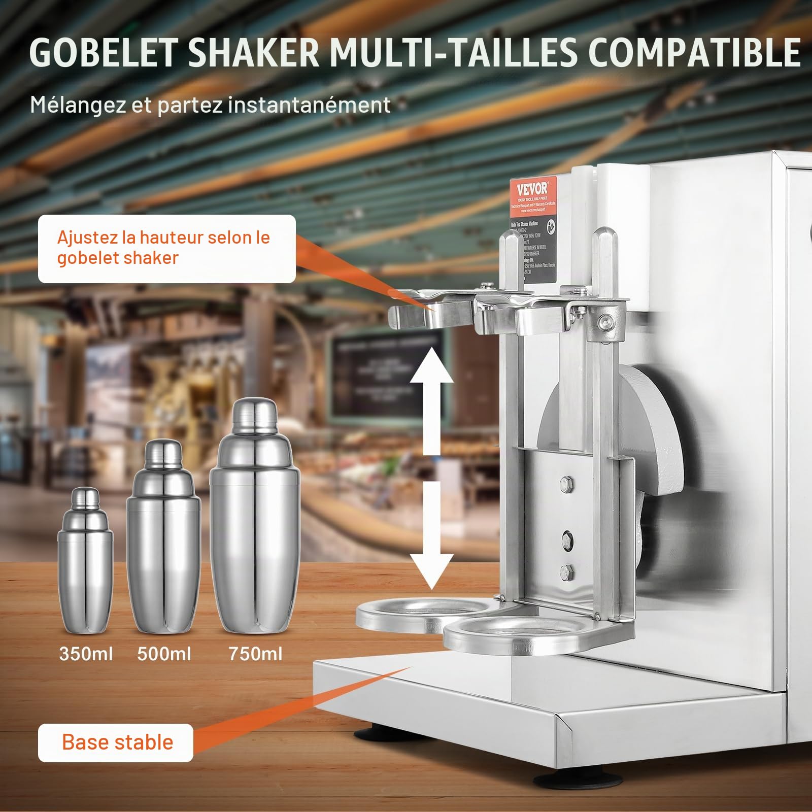 VEVOR Batteur Mixeur à Milkshake Commercial, Appareil à Thé au Lait Électrique 120 W, Mélangeur à Boissons Double Tête, Réglable 0-180 s, avec Tasse Inox 750 mL, pour Magasin de Thé au Lait Bar Café