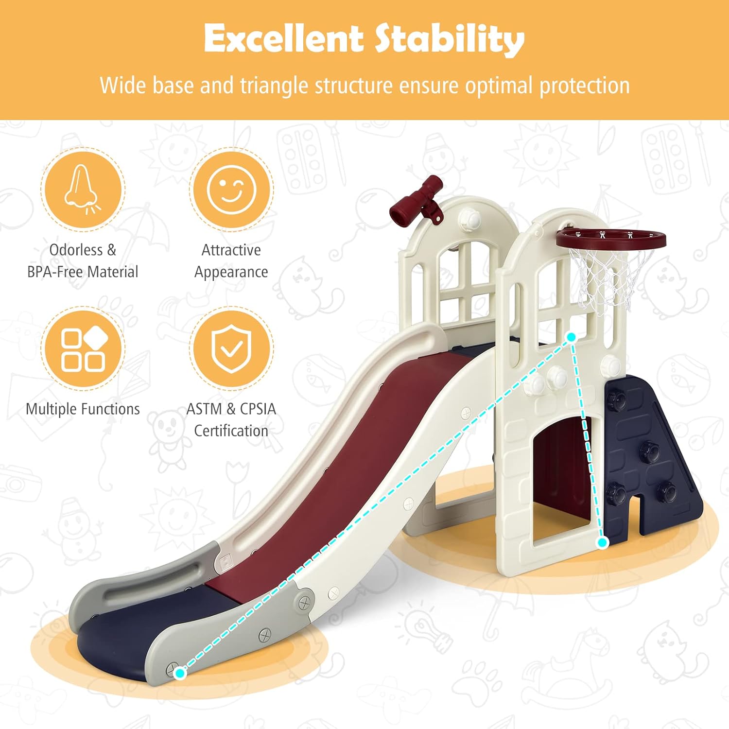 GLACER Toddler Slide Playset, 6 in 1 Climber Slide Set w/Basketball Hoop, Ring Toss, Convertible Climbing Way, Easy Assemble Indoor Outdoor Backyard Freestanding Slide for Kids Age 3-8 (Blue)