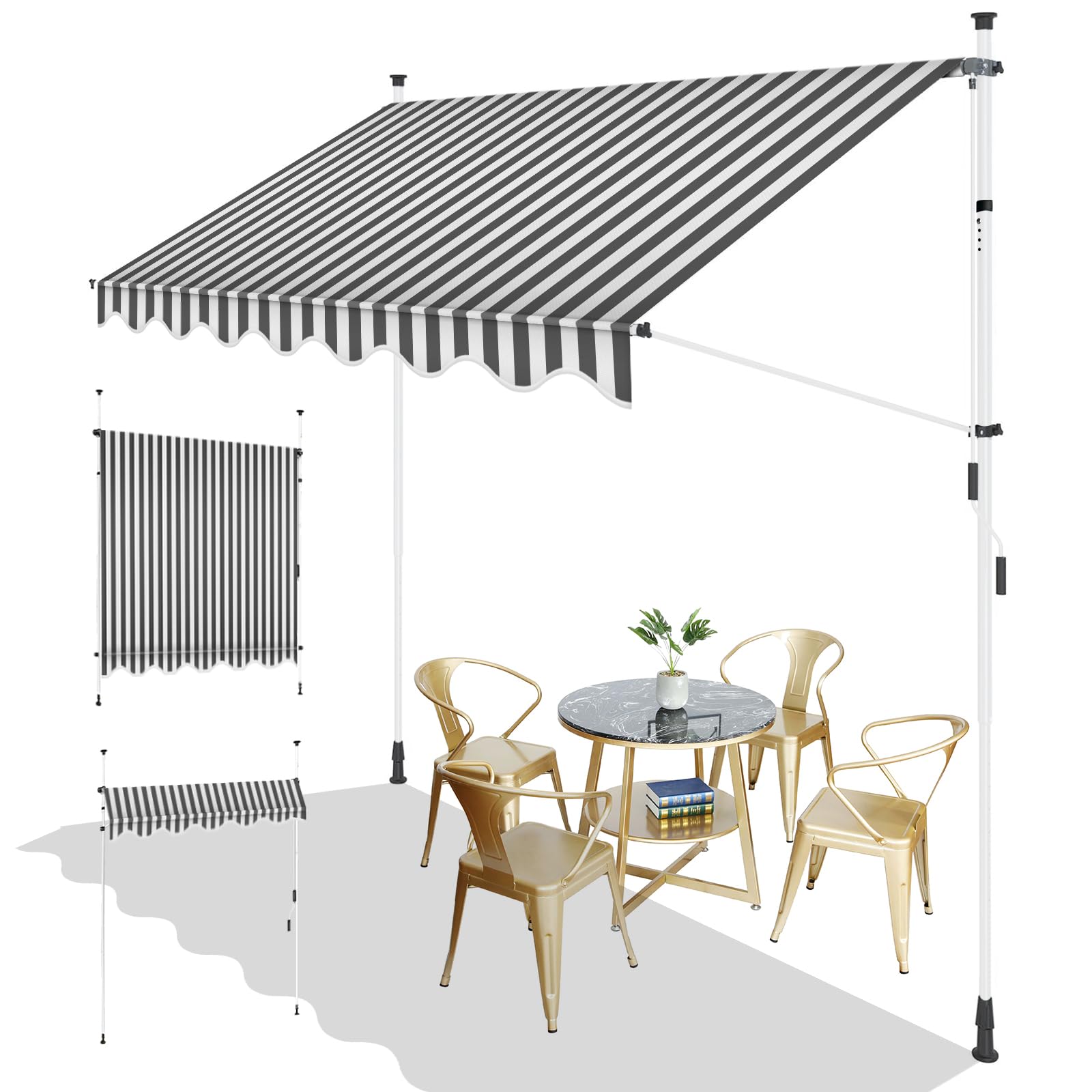 SUNNY GUARD Toldo Manual Retráctil 250cm, Toldo de Exterior de Manivela Regulable en Altura para Balcón Jardín Terraza, Gris-Blanco