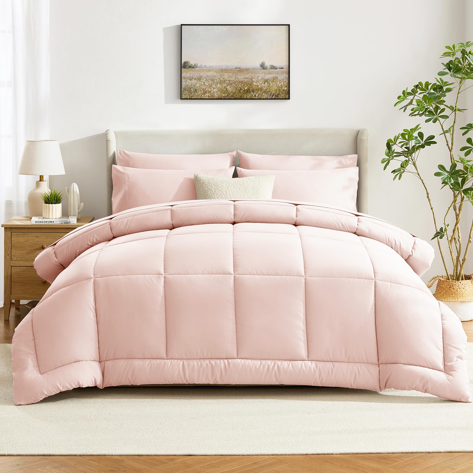 CozyLux Queen Comforter Set Black, 7 Pieces Bed in a Bag, Black Comforter Queen Size, All Season Bedding Sets with Stitch Quilted Comforter, Flat Sheet, Fitted Sheet, Pillowcases: Blush Pink Twin XL