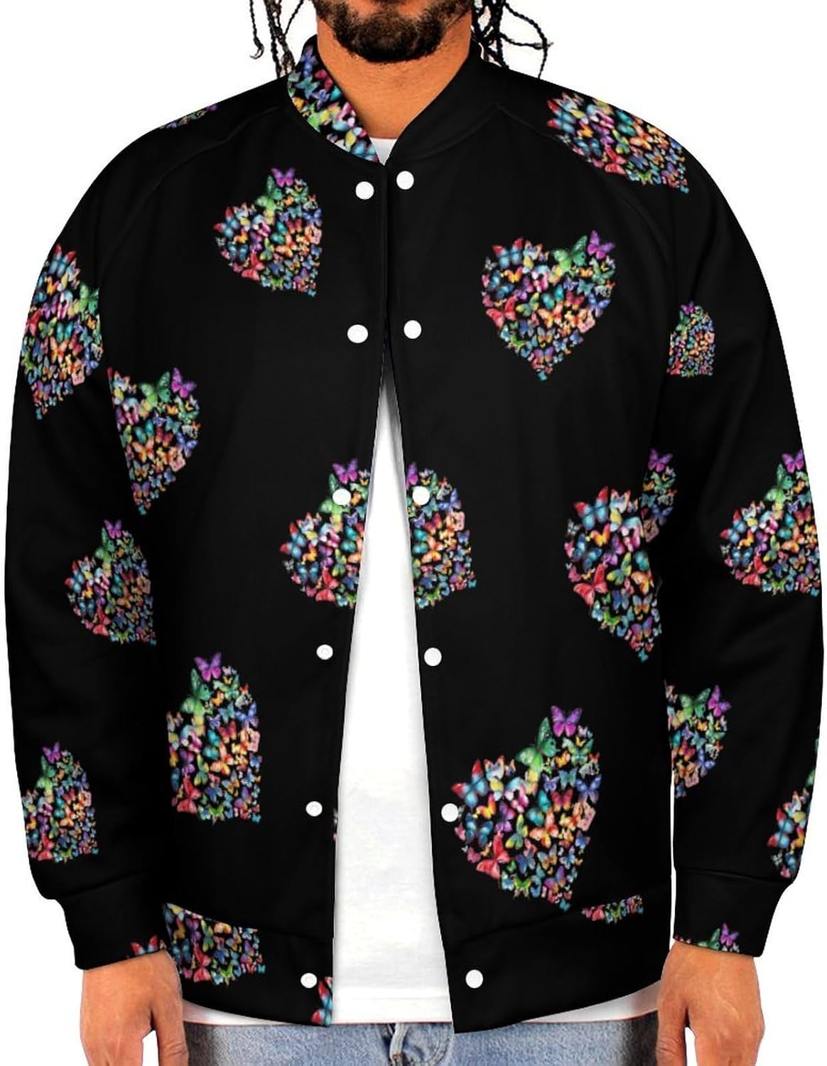 Colorful Butterflies Heart Novelty Men's Baseball Jackets Causal Sweatshirt Button Top Long Sleeve Coat