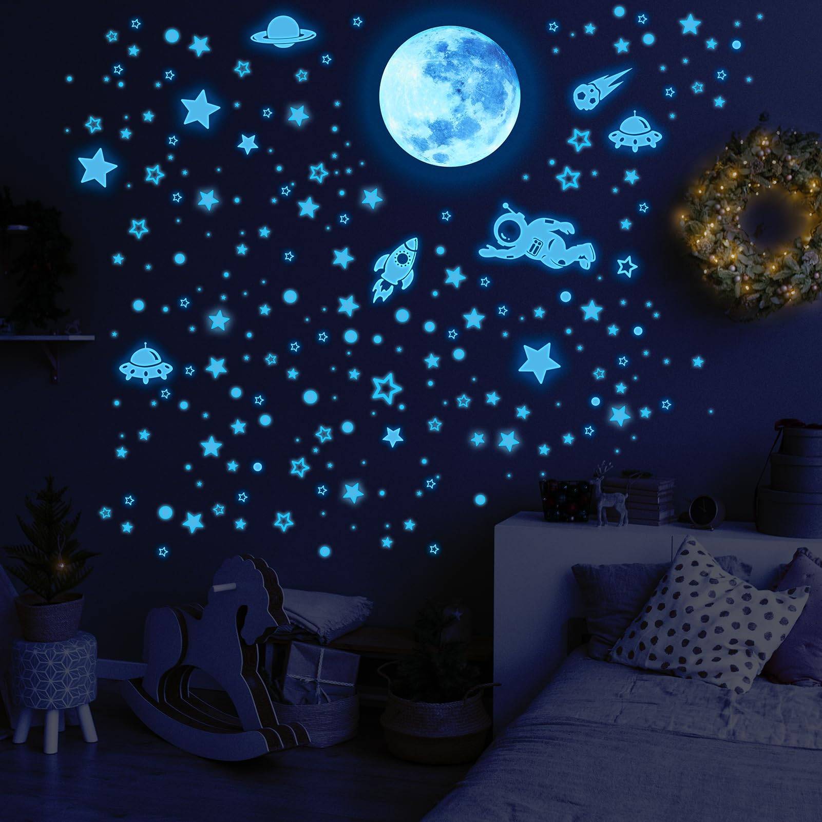 1503pz Stelle Fluorescenti Adesive Soffitto, Luna e Astronauti Adesivi luminescenti, Stelle luminose Adesivi murali per la decorazione della stanza dei bambini (Blu)
