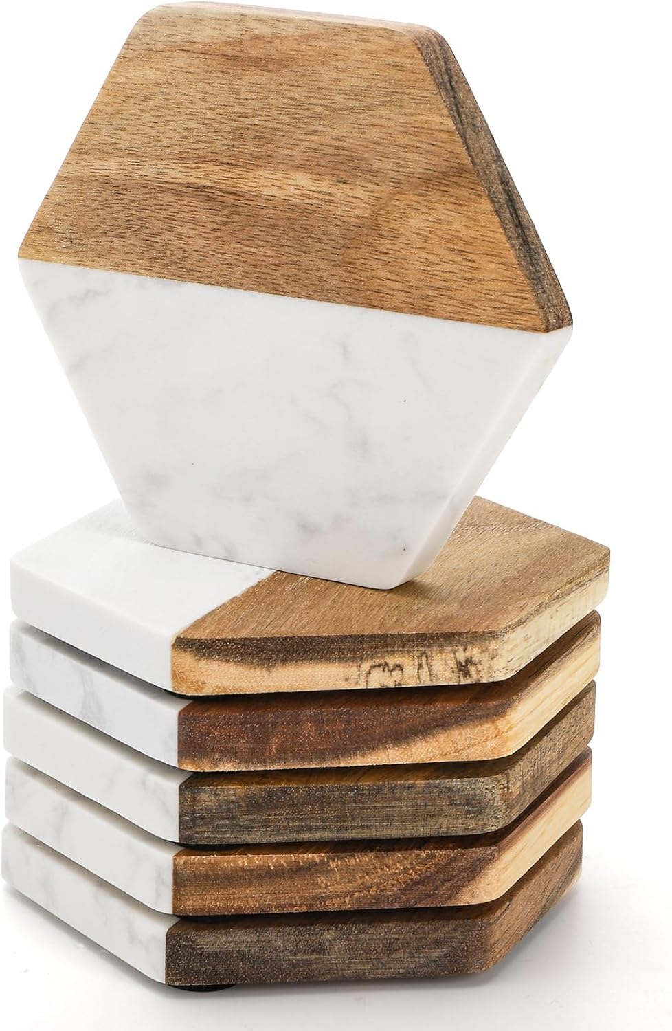 ZENFUN Set of 6 Marble Wood Coasters, Hexagon Geometric Coasters, Handcrafted Marble Coasters Set for Your Drinks and Beverages, Tea, Coffee, Wine/Bar Glasses, Tabletop Protection Helper