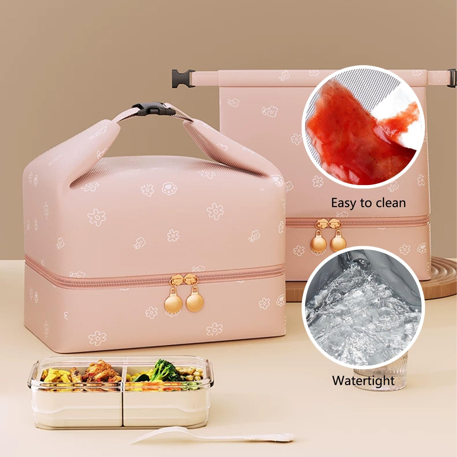 Bolsa de Mano Impermeable de Gran Capacidad, Bolsa de Almuerzo de Dos Compartimentos, Fácil de Limpiar, Diseño de Doble Cremallera, Perfecta for El Trabajo(Pink)