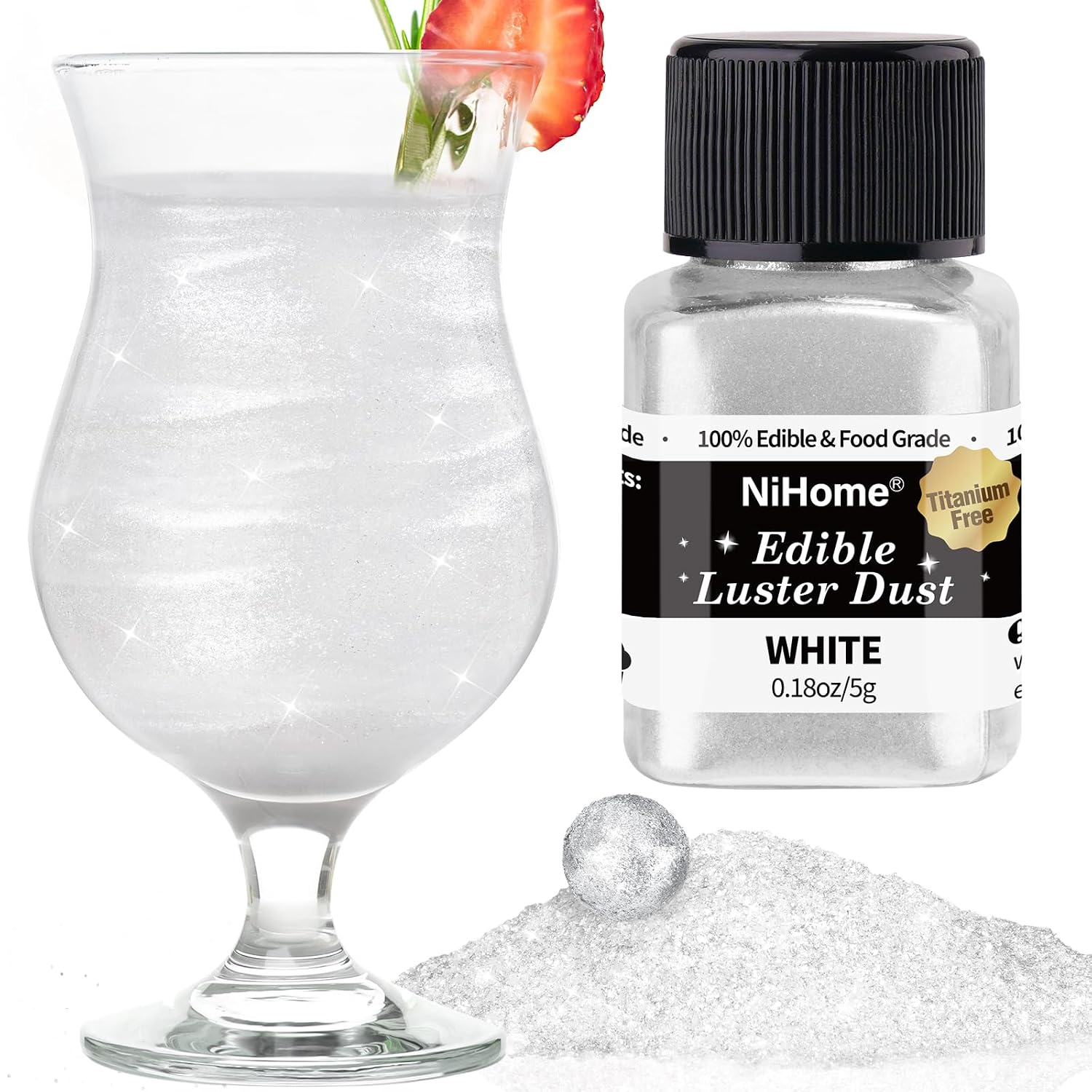 NiHome 0.18oz/5g Titanium-Free Edible Food-Grade Glitter Powder Glimmer Luster Dust Metallic Fancy Food Decorating Sprinkle Brew Dust for Drink Wine Beverage Cake Bakery Vegan Allergen-Free (White)