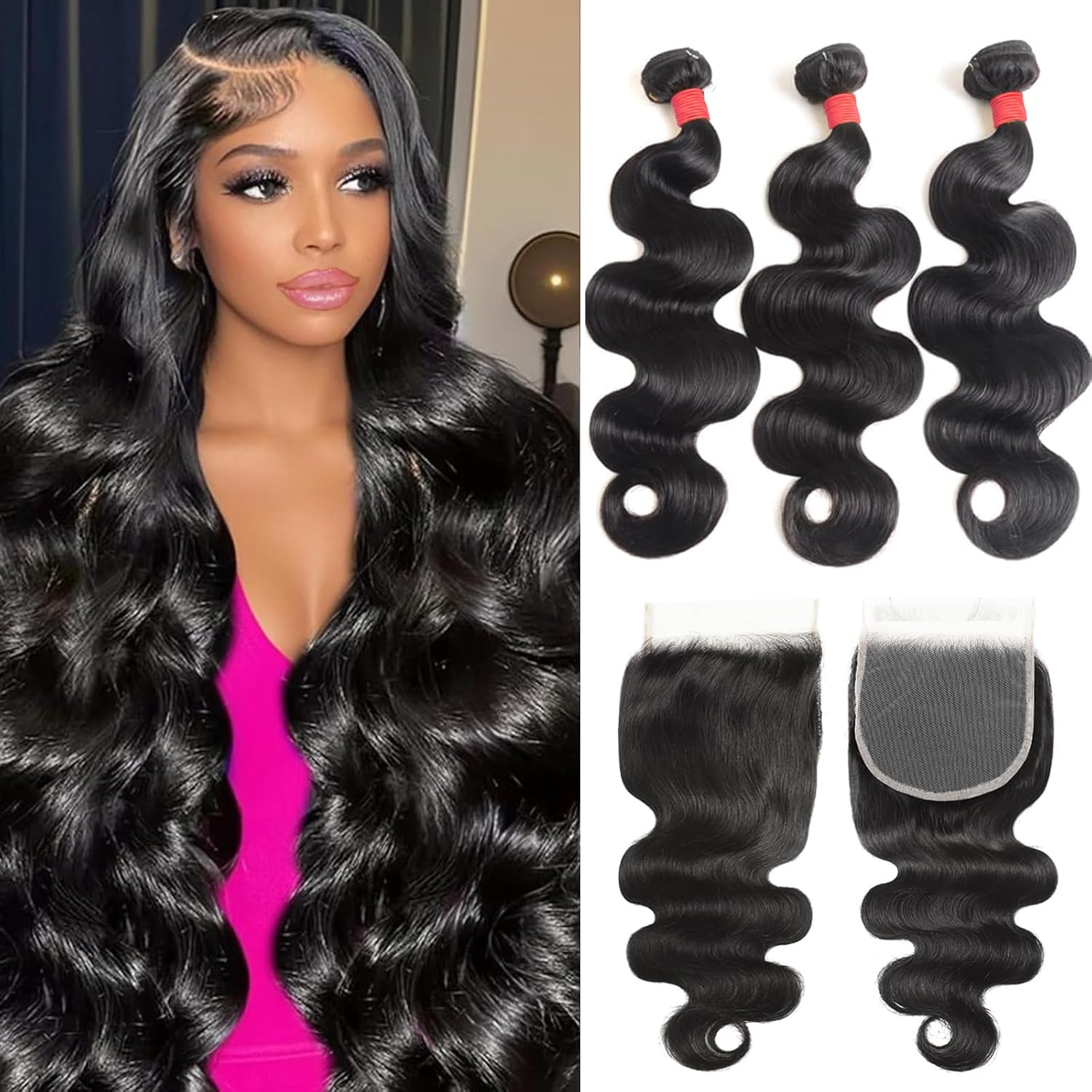 Bundles with Closure Human Hair (20 22 24+18) Body Wave 3 Bundles with 5x5 HD Closure 100% Human Hair 12A Unprocessed Virgin Hair Natural Black